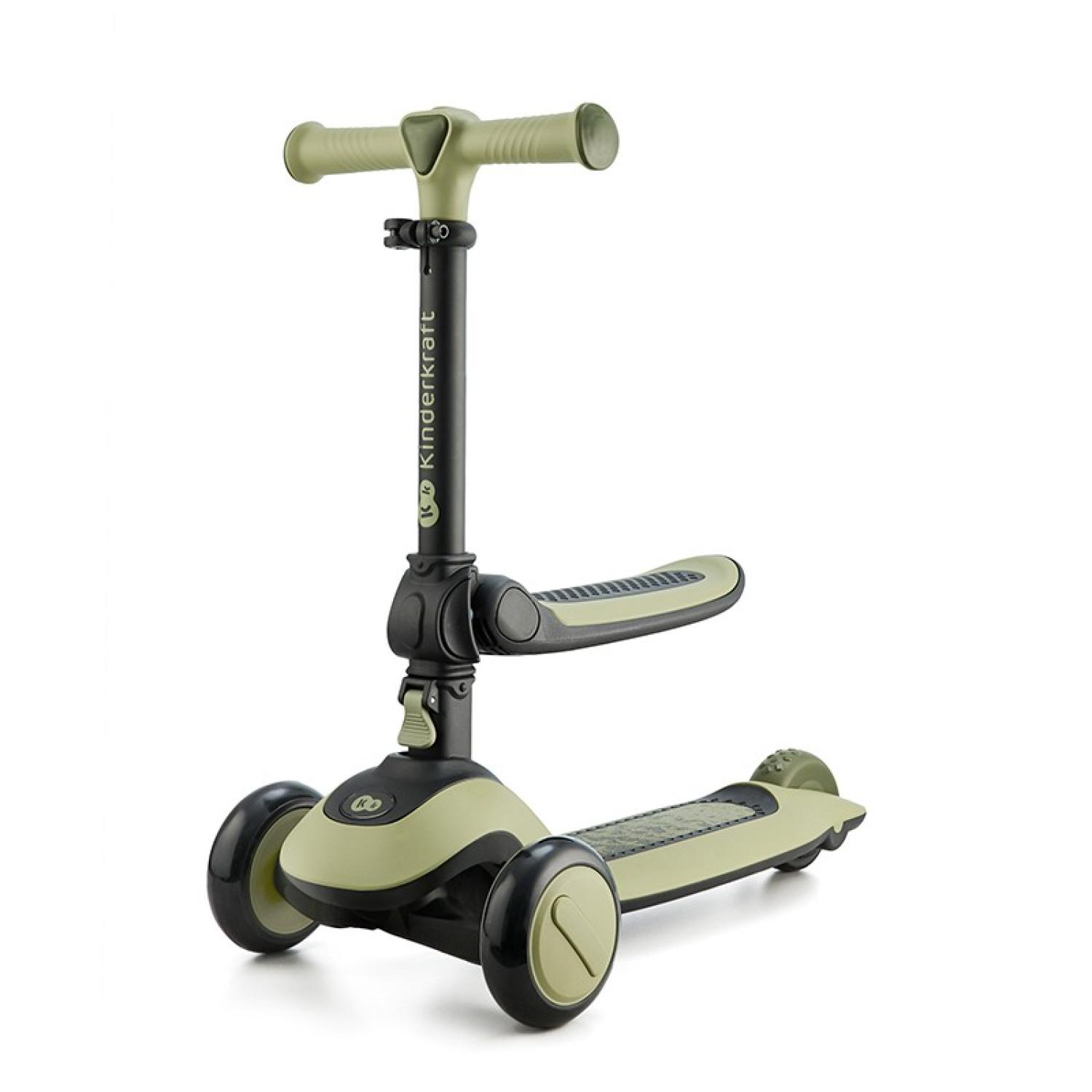 Ein dreirädriger Roller in Khaki mit schwarzem Lenker und Sitz.