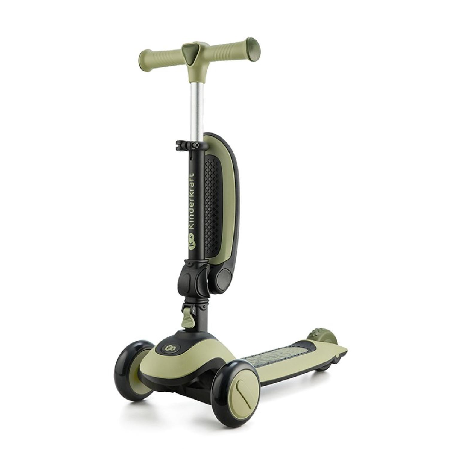 Ein dreirädriger Roller in Olivgrün mit schwarzem Lenker und Sitz.
