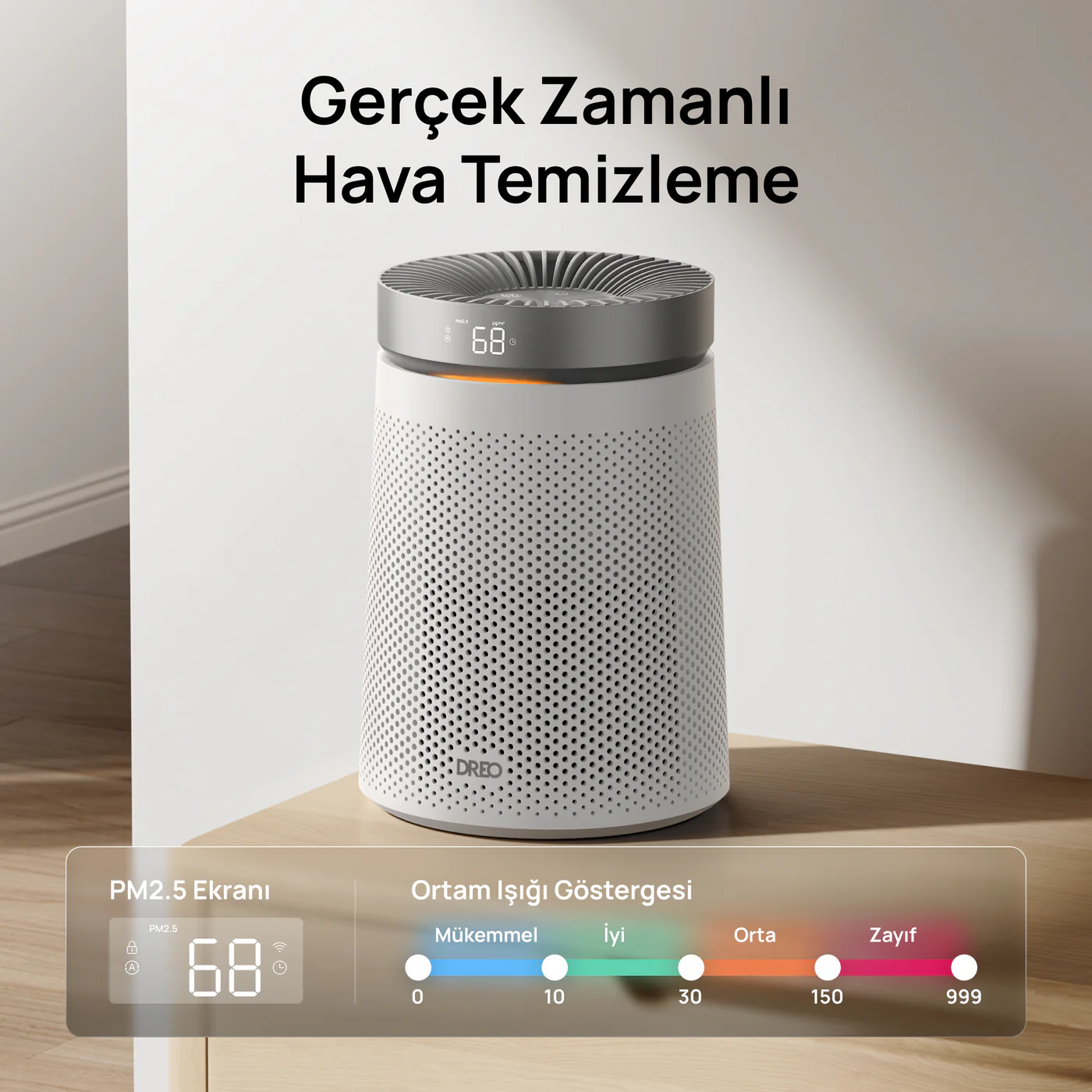 Ahşap bir masa üzerinde dijital ekrana sahip beyaz hava temizleyici.