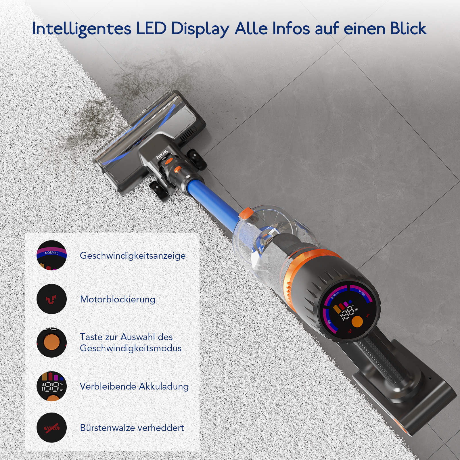 Ein kabelloser Staubsauger mit LED-Anzeige auf Teppich und Fliesen.