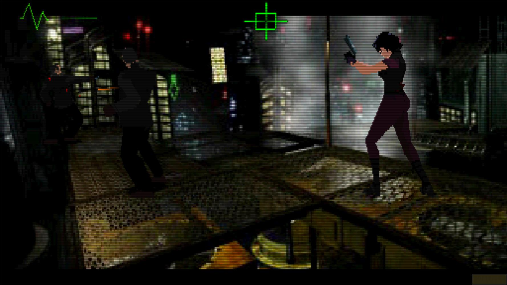 Donna con pistola su piattaforma; uomini sullo sfondo; scena cittadina notturna.