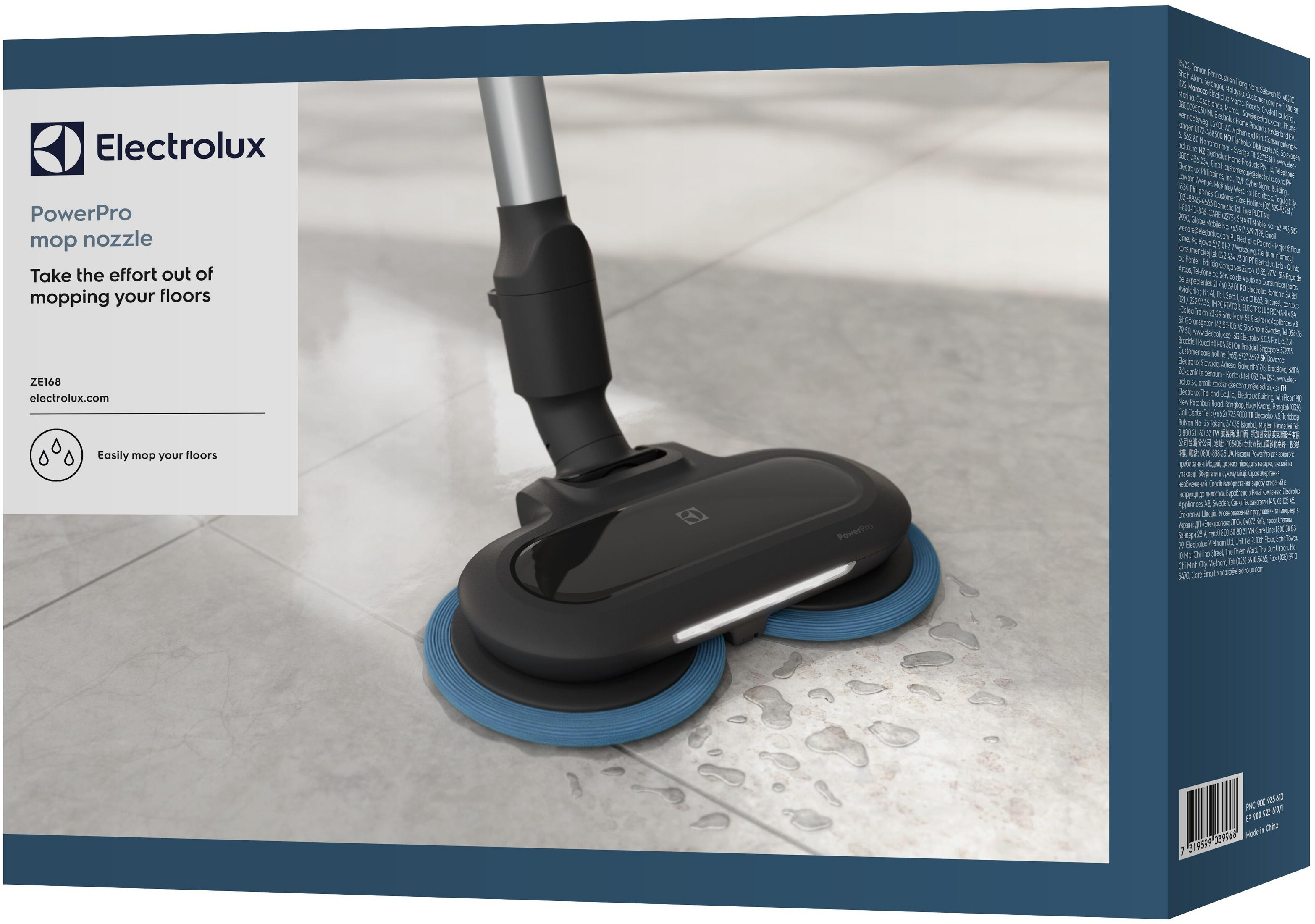 Bocchetta Electrolux PowerPro che pulisce pavimenti piastrellati bagnati.