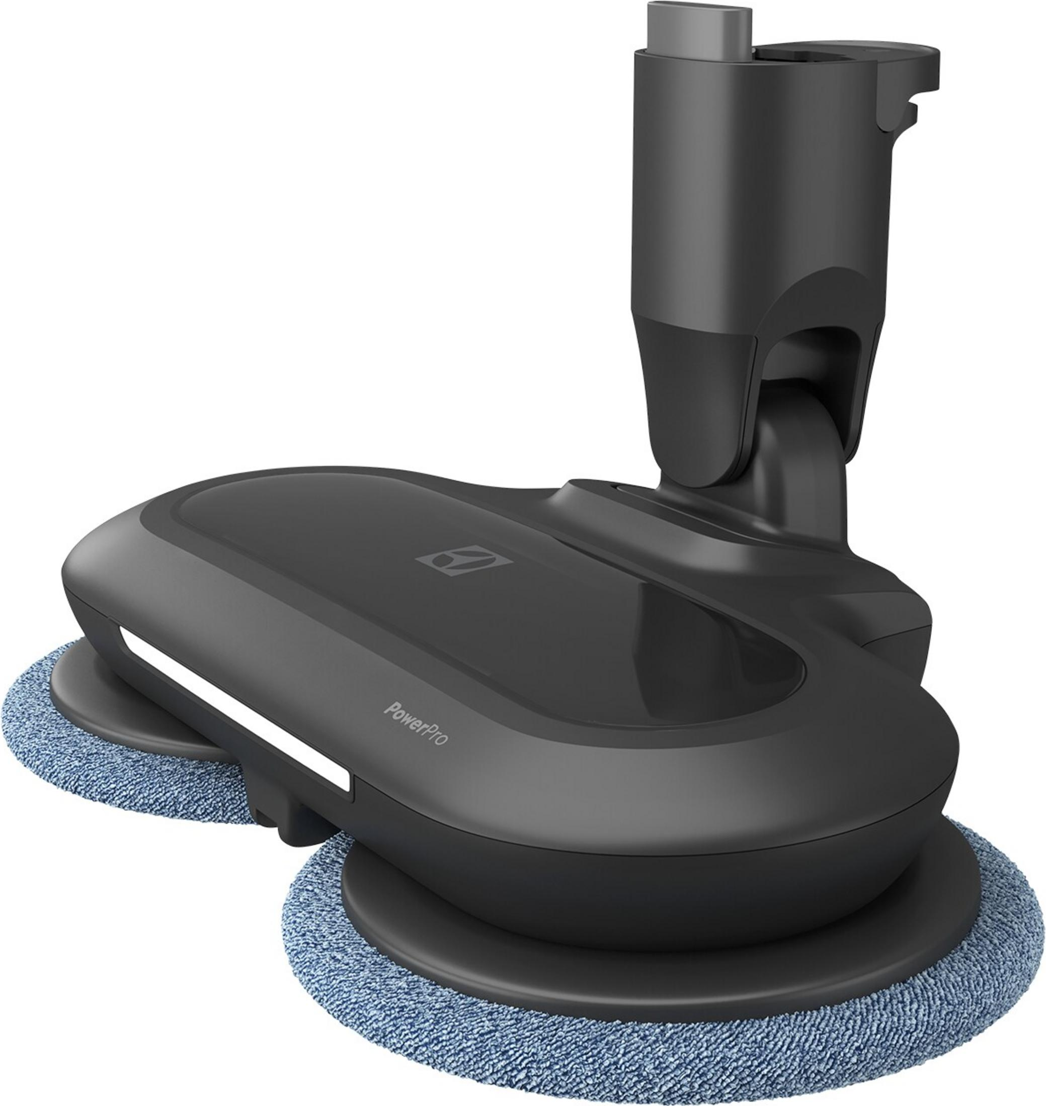 Lucidatrice per pavimenti nera con pad in microfibra blu e logo argento.