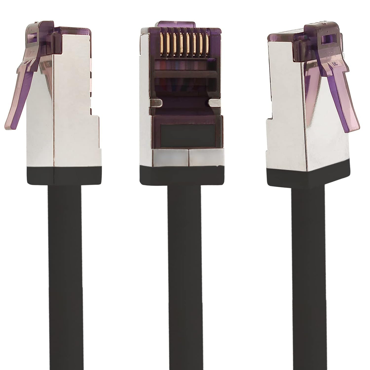 Gümüş metal kasalı ve mor klipsli üç Ethernet konektörü.