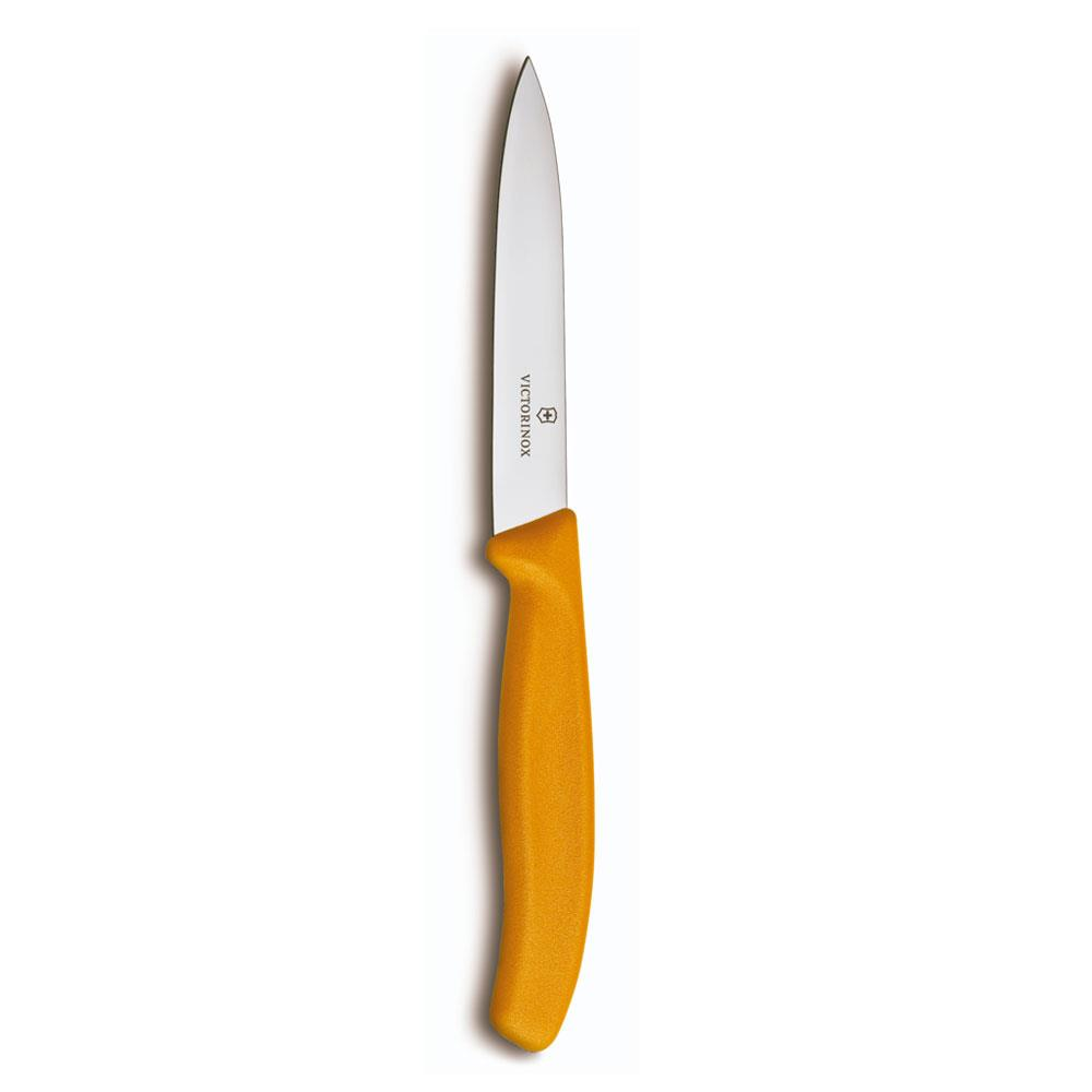 Sarı saplı Victorinox soyma bıçağı, gümüş rengi bıçağıyla dikey olarak gösteriliyor.