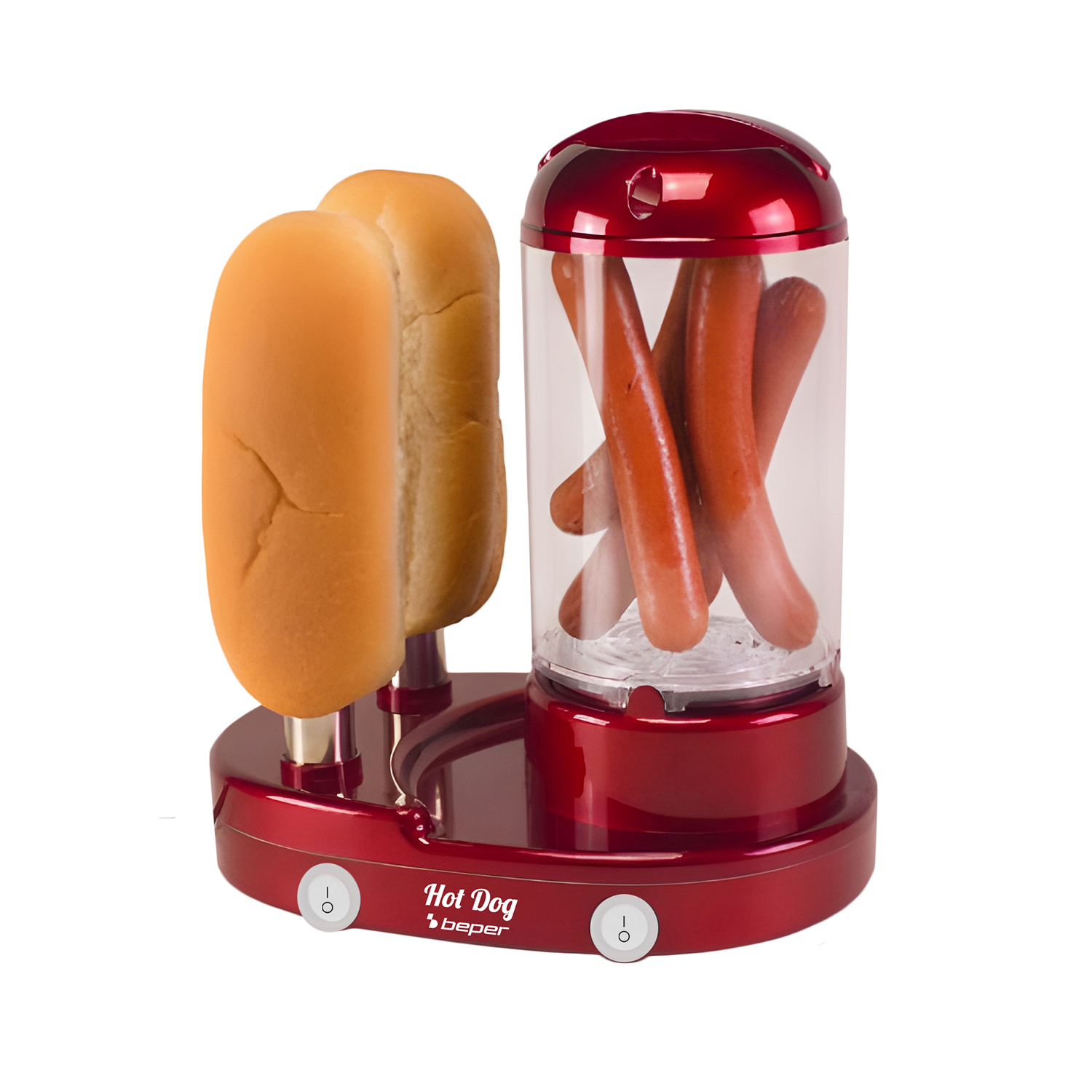 Una macchina per hot dog rossa con panini e salsicce in un contenitore.