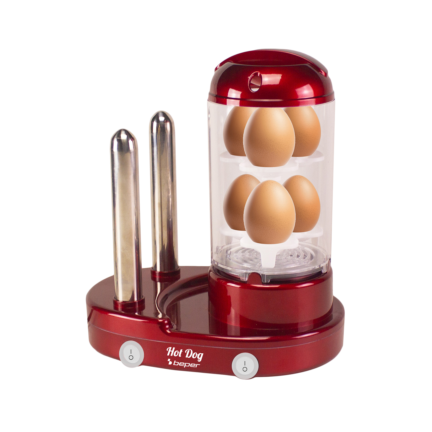 Vaporiera rossa per hot dog con quattro uova e due punte metalliche.