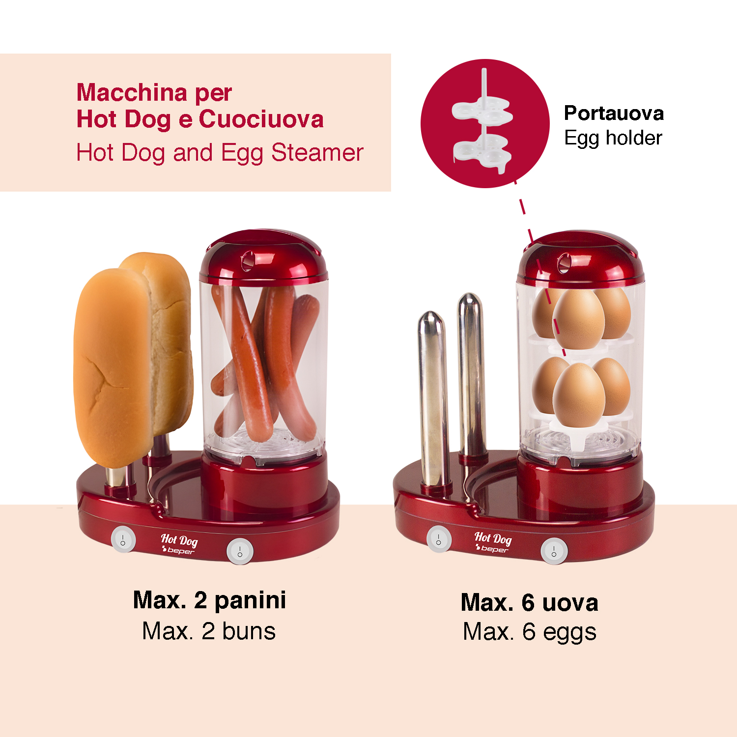 Cuociuova e hot dog rosso con panini e uova in mostra.