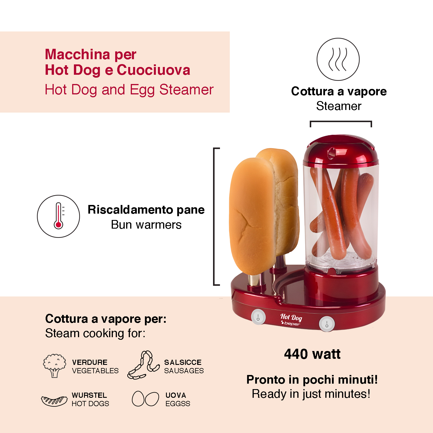 Un cuoci hot dog e uova a vapore rosso, scalda panini, 440 watt.