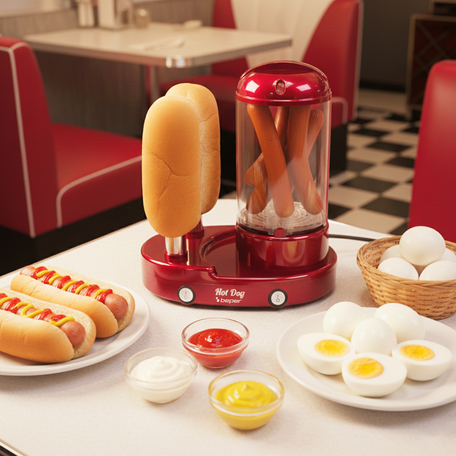 Macchina per hot dog rossa con panini, wurstel e uova sode.