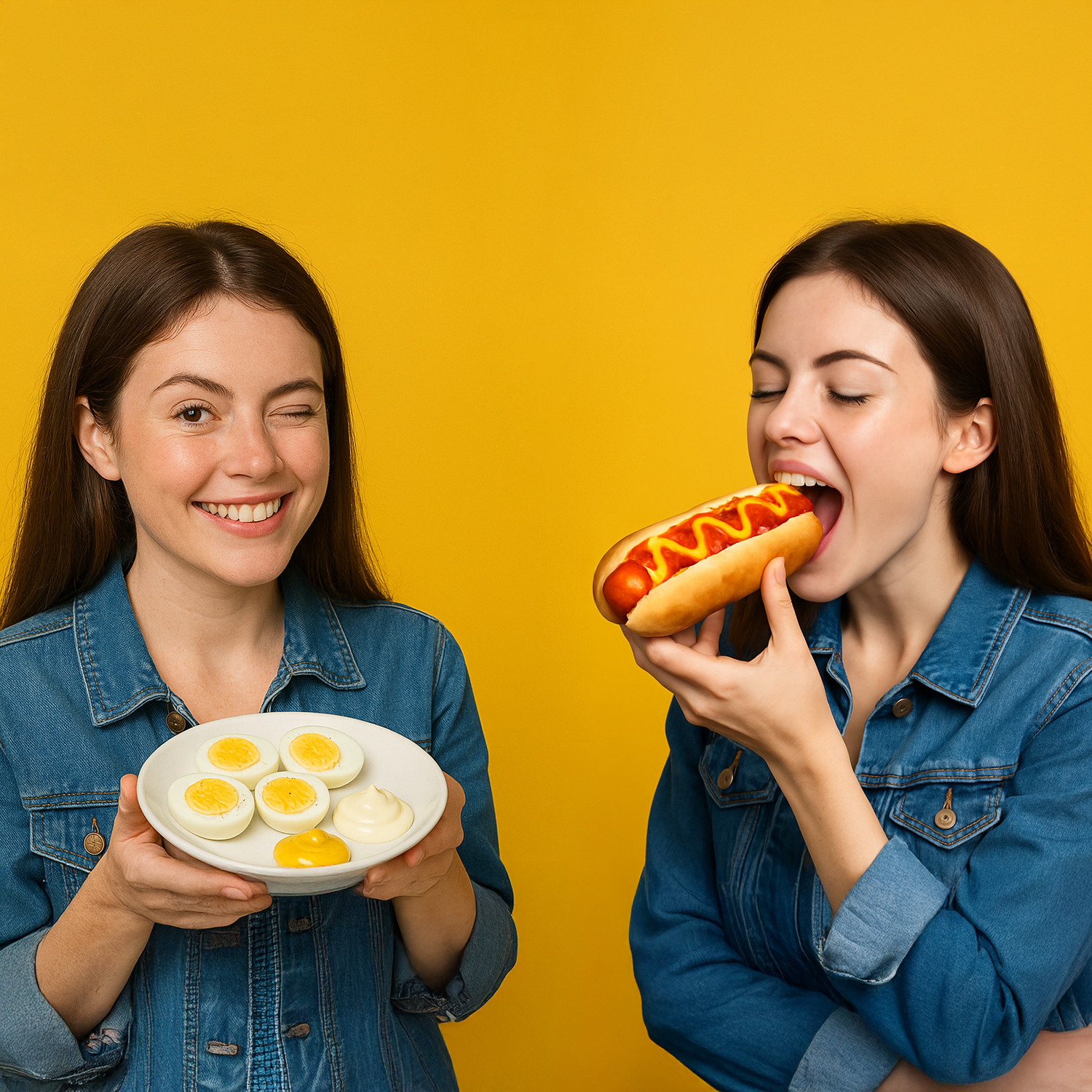 Due donne in giacca di jeans, una mangia un hot dog, l'altra tiene uova sode.