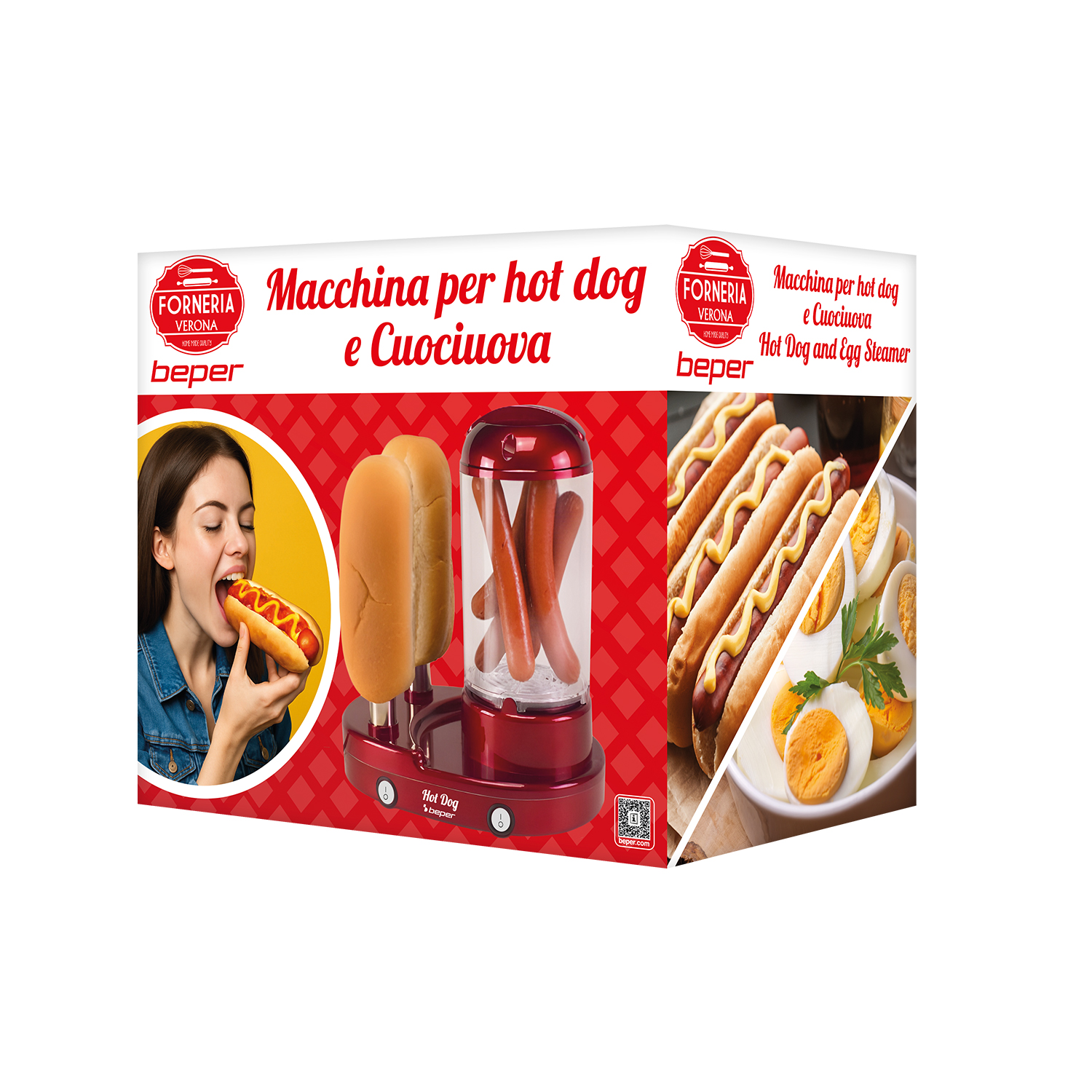Macchina per hot dog e cuociuova con hot dog, panini e uova sode.