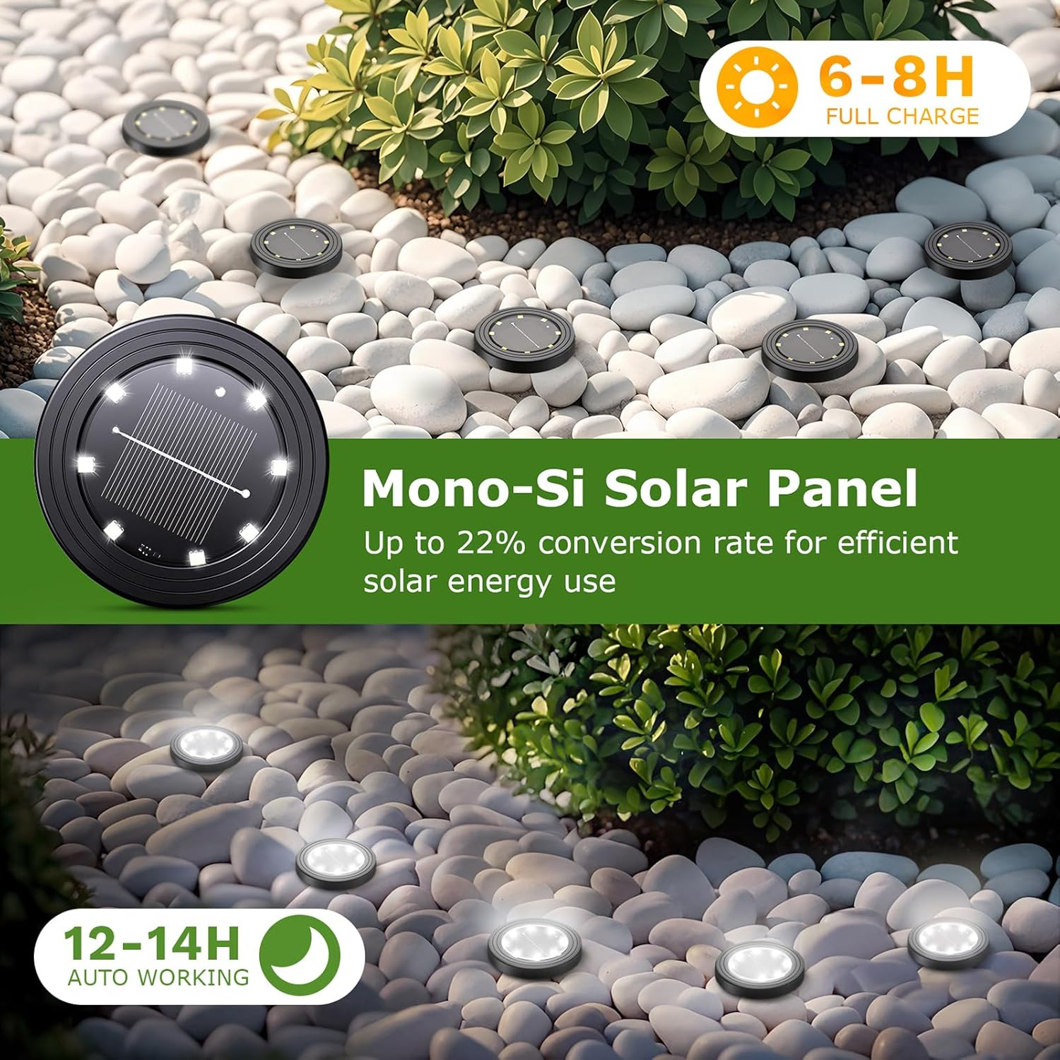Solarleuchten auf Kies mit Grün. Anzeige: 6-8H Vollladung, 12-14H Arbeitszeit.