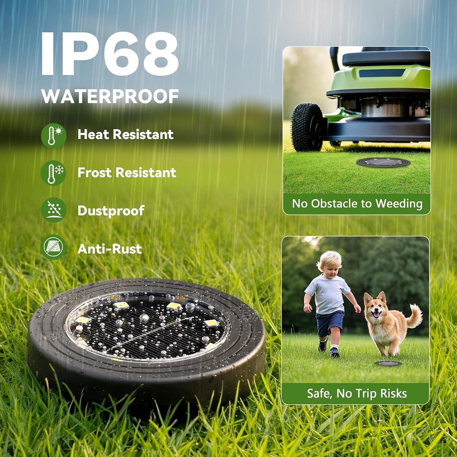 IP68 wasserdichte Leuchte im Gras; Rasenmäher und Kind mit Hund.