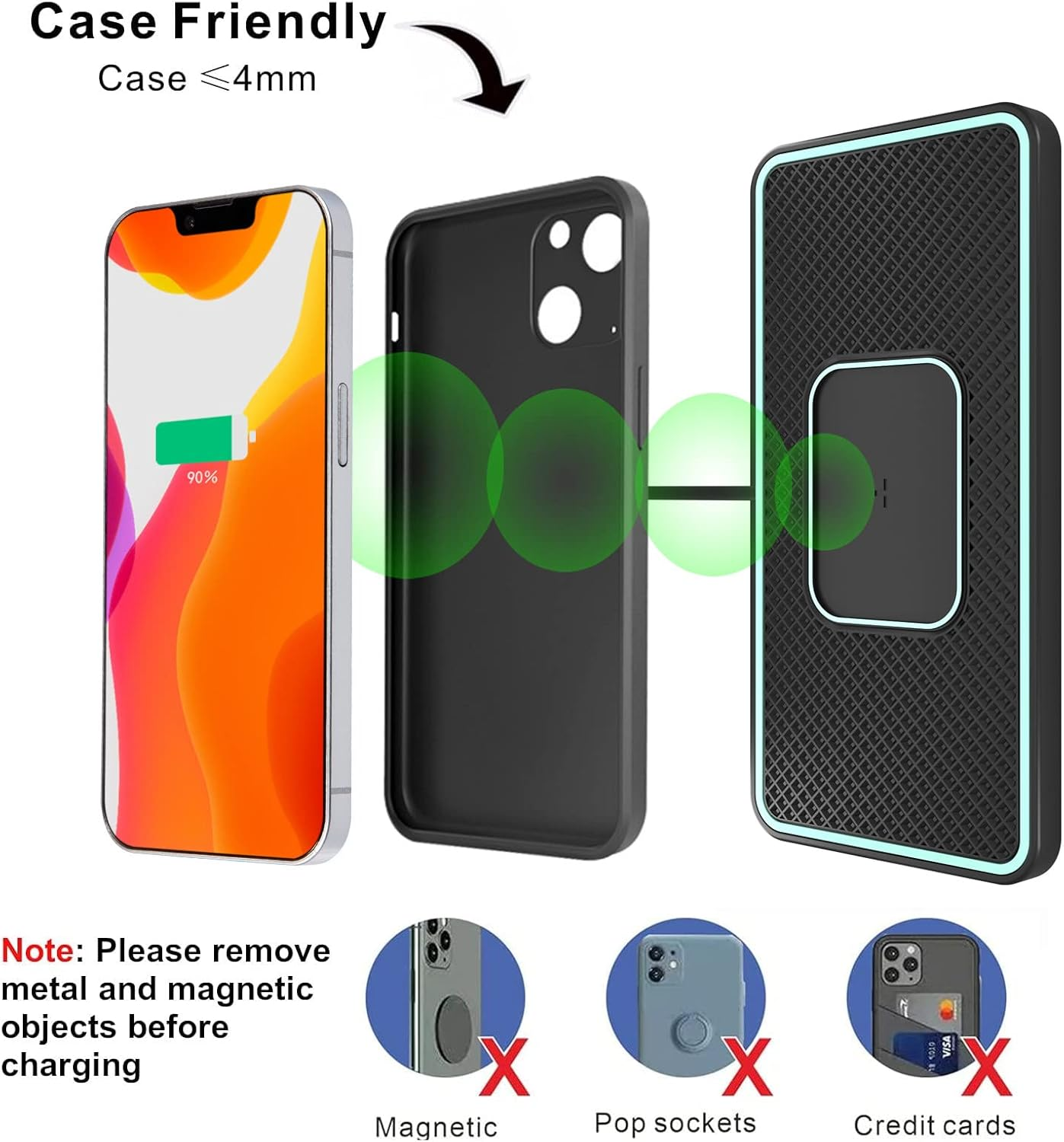 iPhone mit Ladeanzeige, Handyhülle, kabelloses Ladegerät, Zubehör.