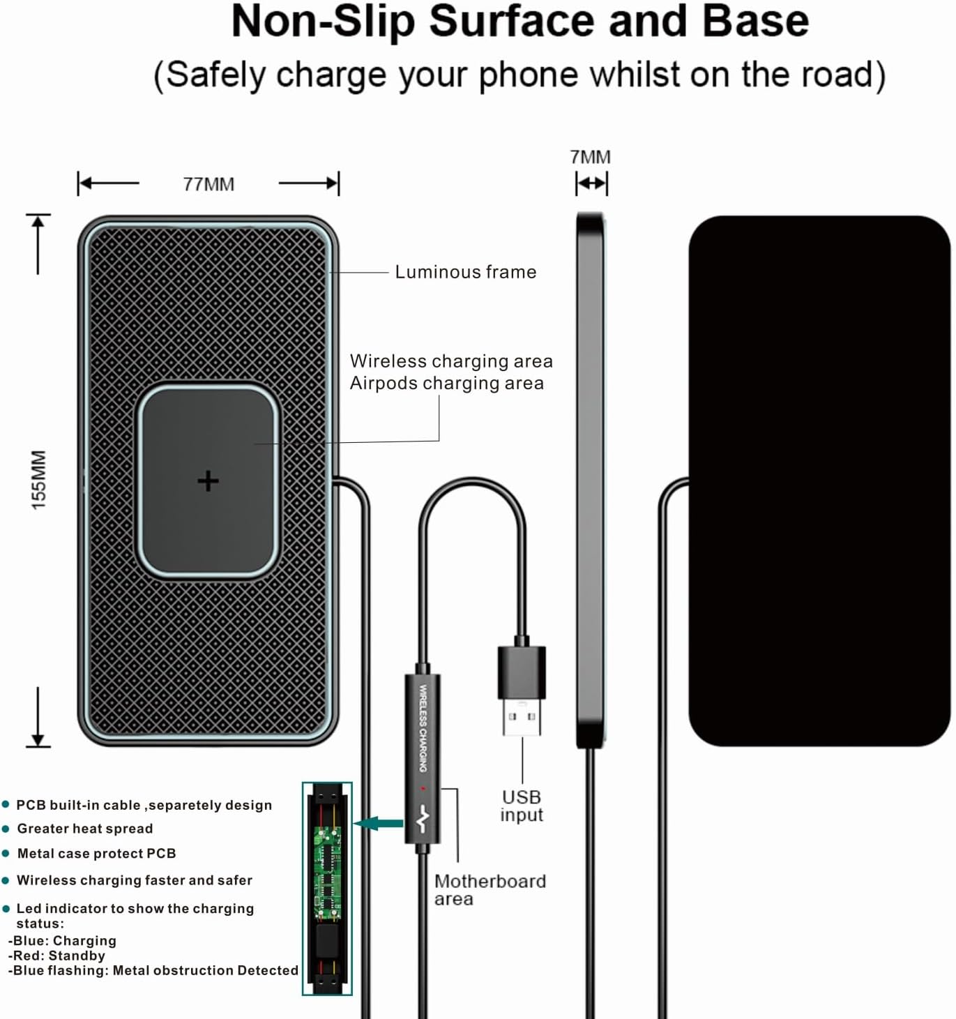 Drahtloser Ladegerät mit USB-Anschluss, Maße 155x77mm.