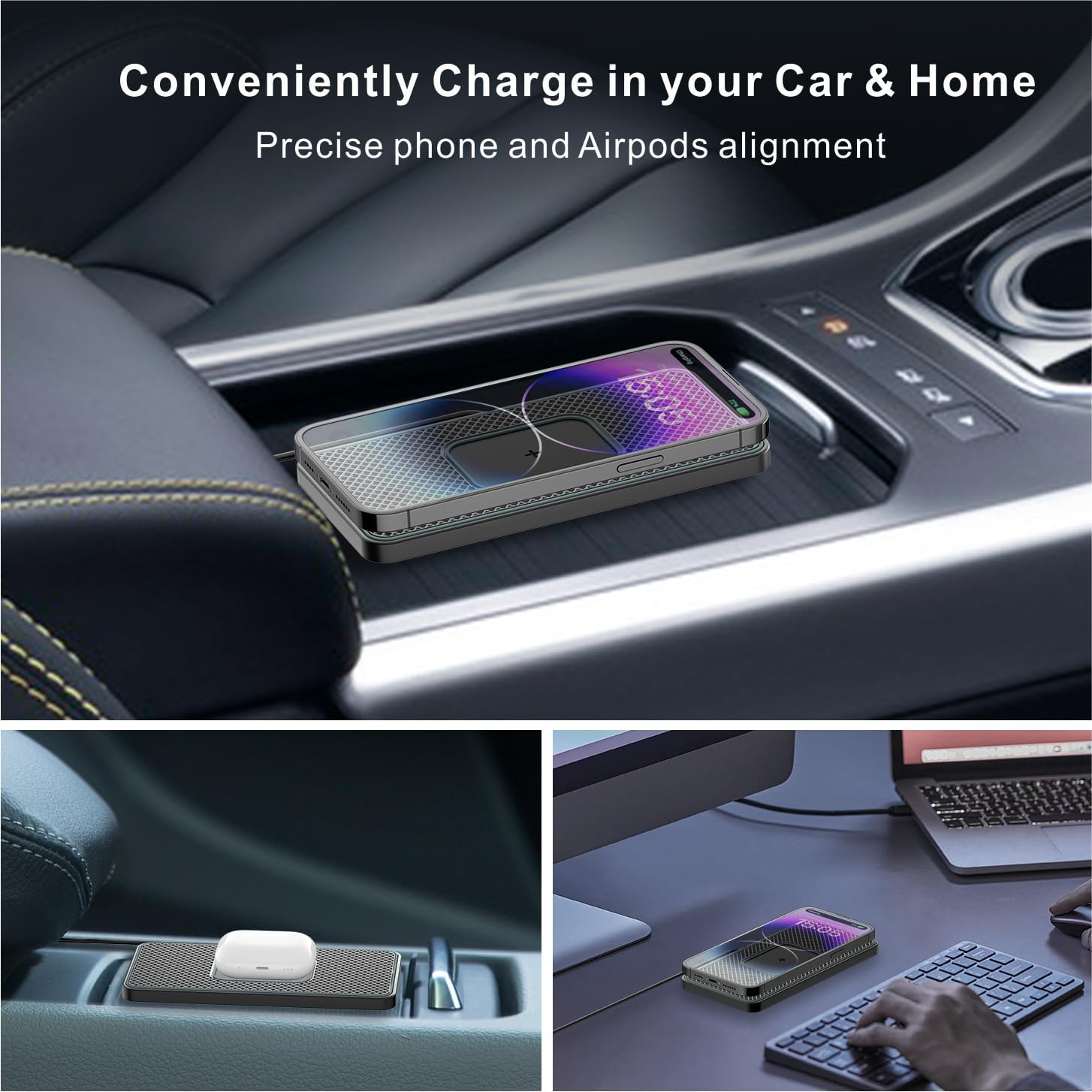 Handy und Airpods laden auf einer Autokonsole und einem Schreibtisch.