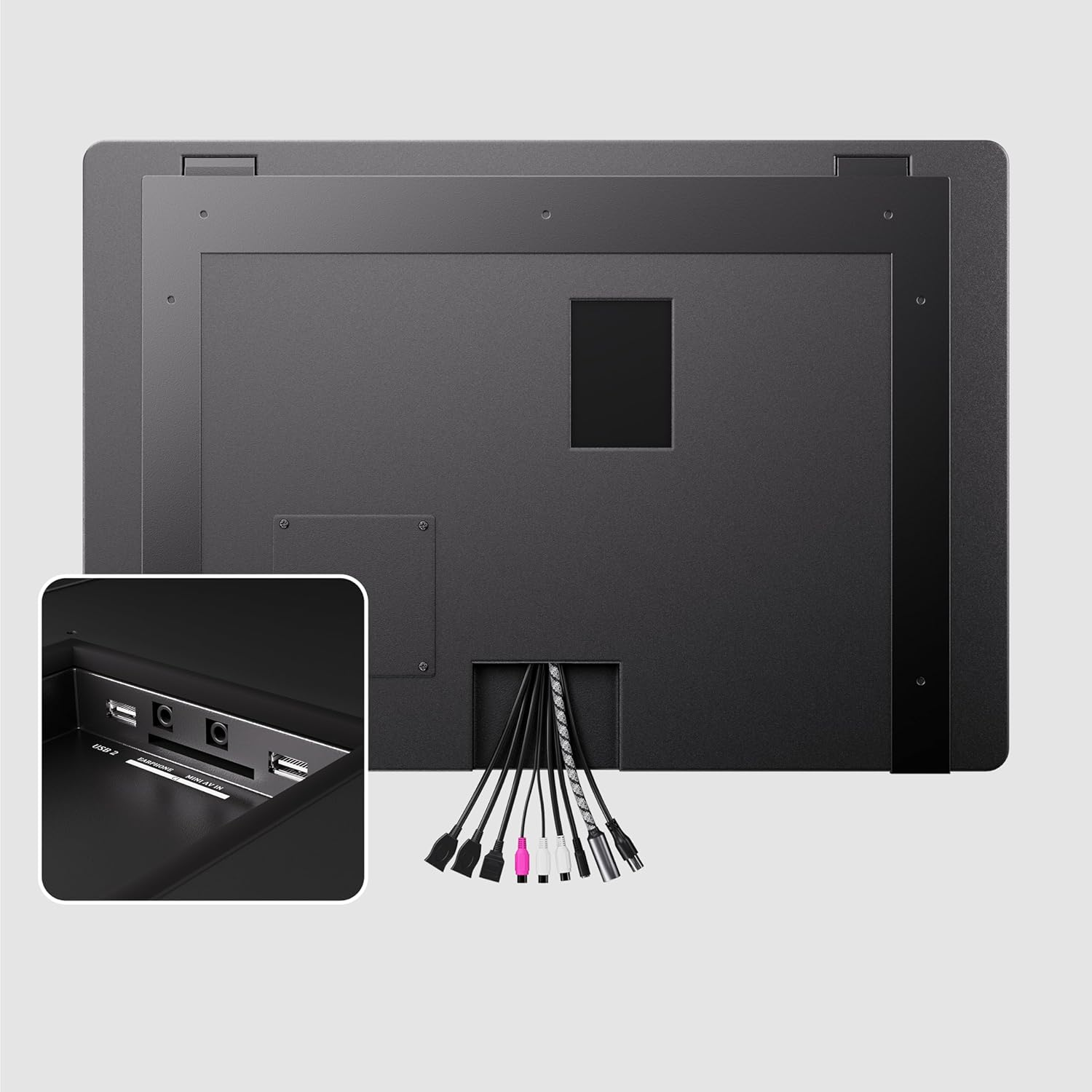 Vista trasera de un televisor negro con cables y puertos.