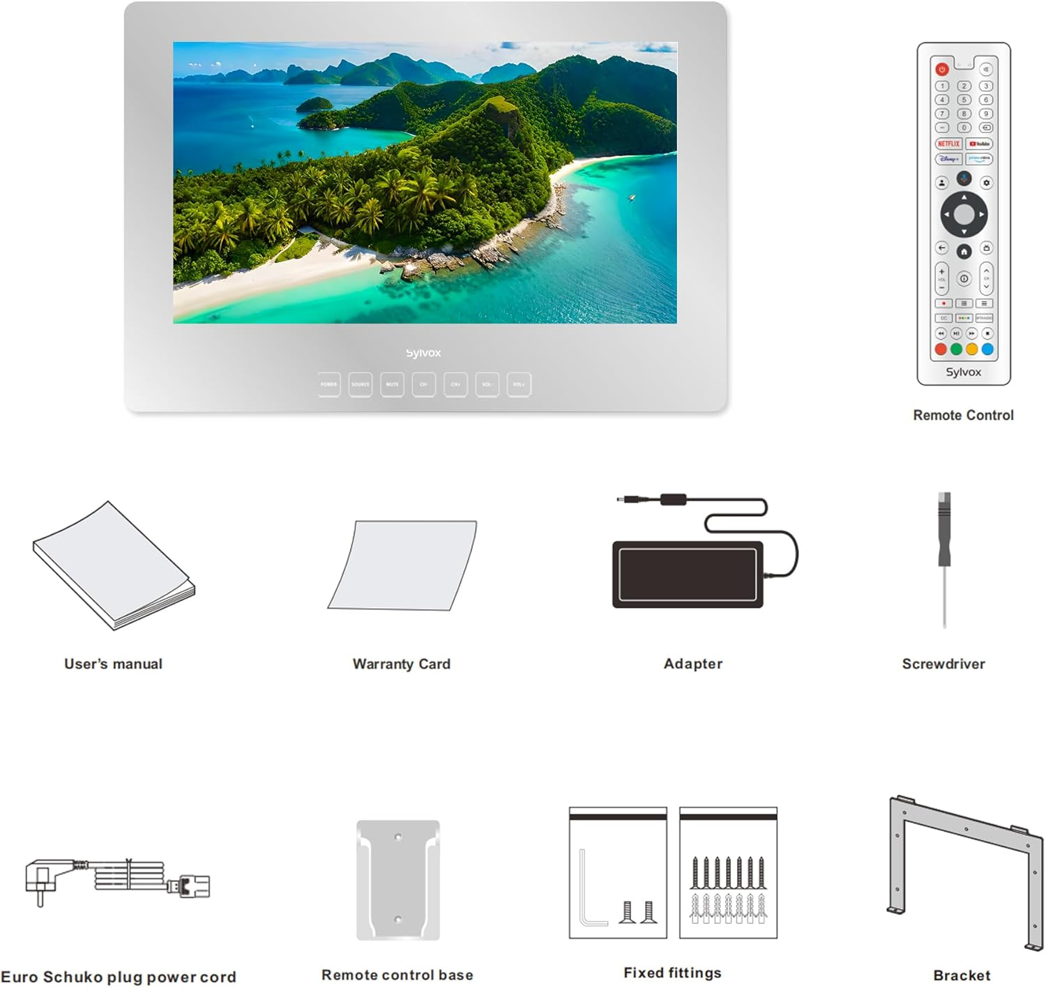Ein Monitor mit Fernbedienung, Handbuch, Garantiekarte, Netzteil, Schraubendreher, Kabel, Halterung.