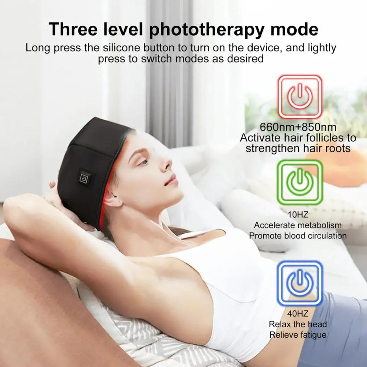 Frau trägt eine Phototherapie-Kappe für Haarwachstum, mit Modusbeschreibungen.