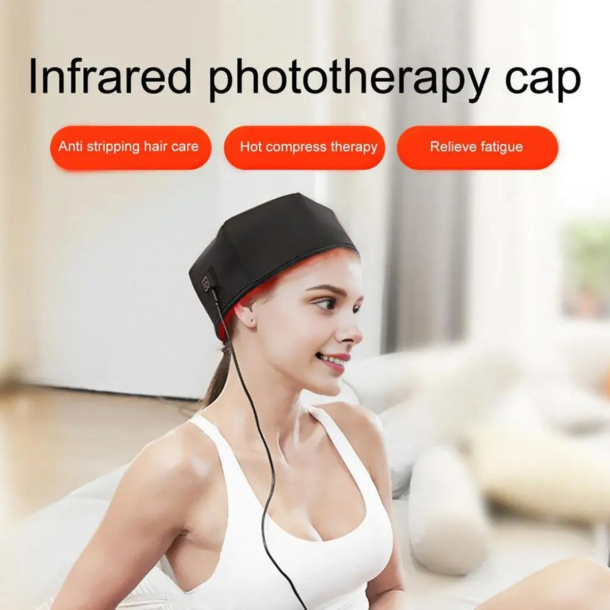 Frau mit schwarzer Phototherapie-Haube, die für Haarpflege und Entspannung wirbt.