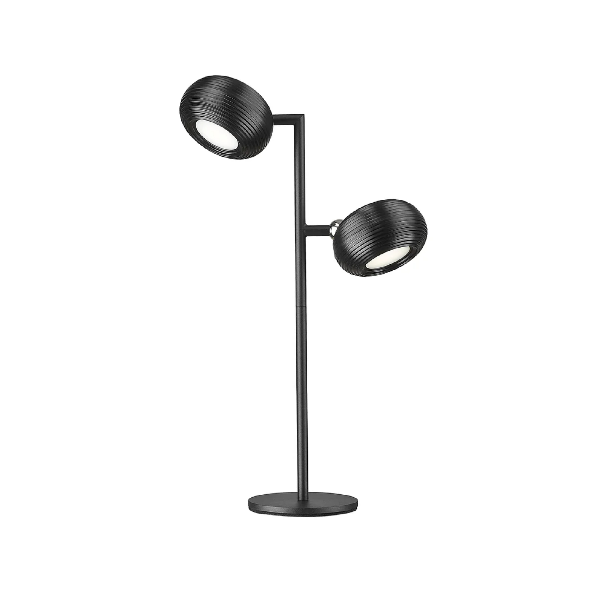 Eine schwarze Stehlampe mit zwei runden, gerippten Leuchten.