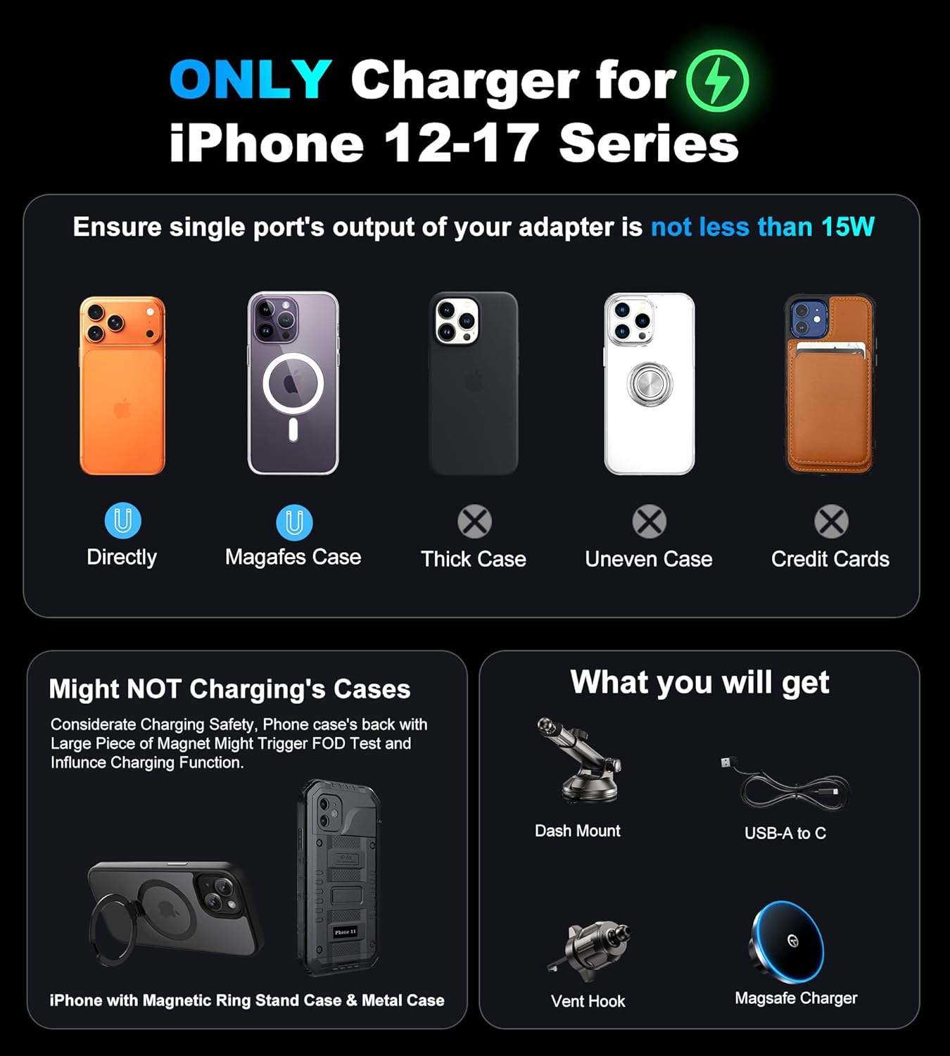 iPhone-Hüllen und Zubehör: gezeigte Ladegeräte, Halterungen und Kabel.
