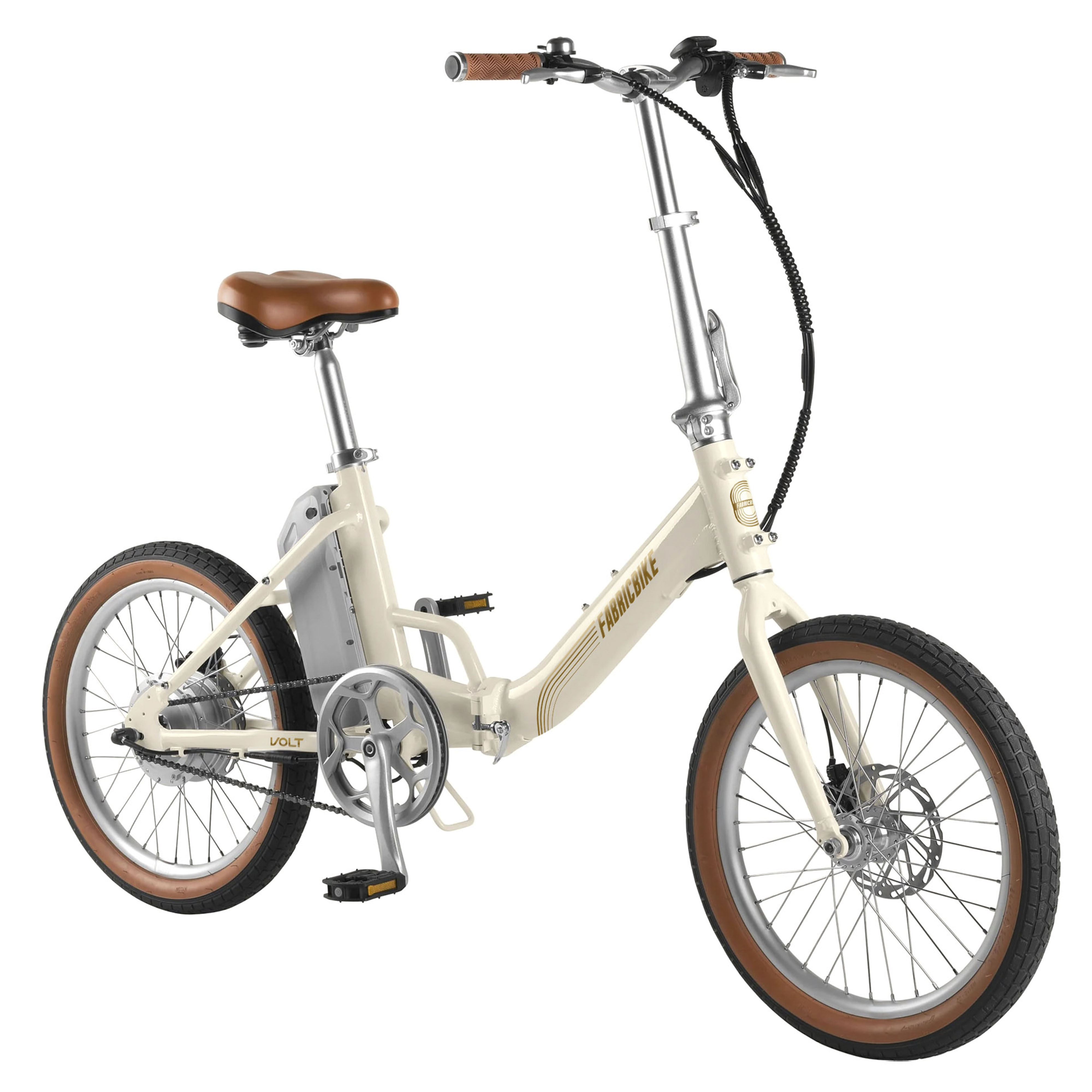 Bicicleta plegable crema con sillín y puños marrones, vistas delantera y trasera.