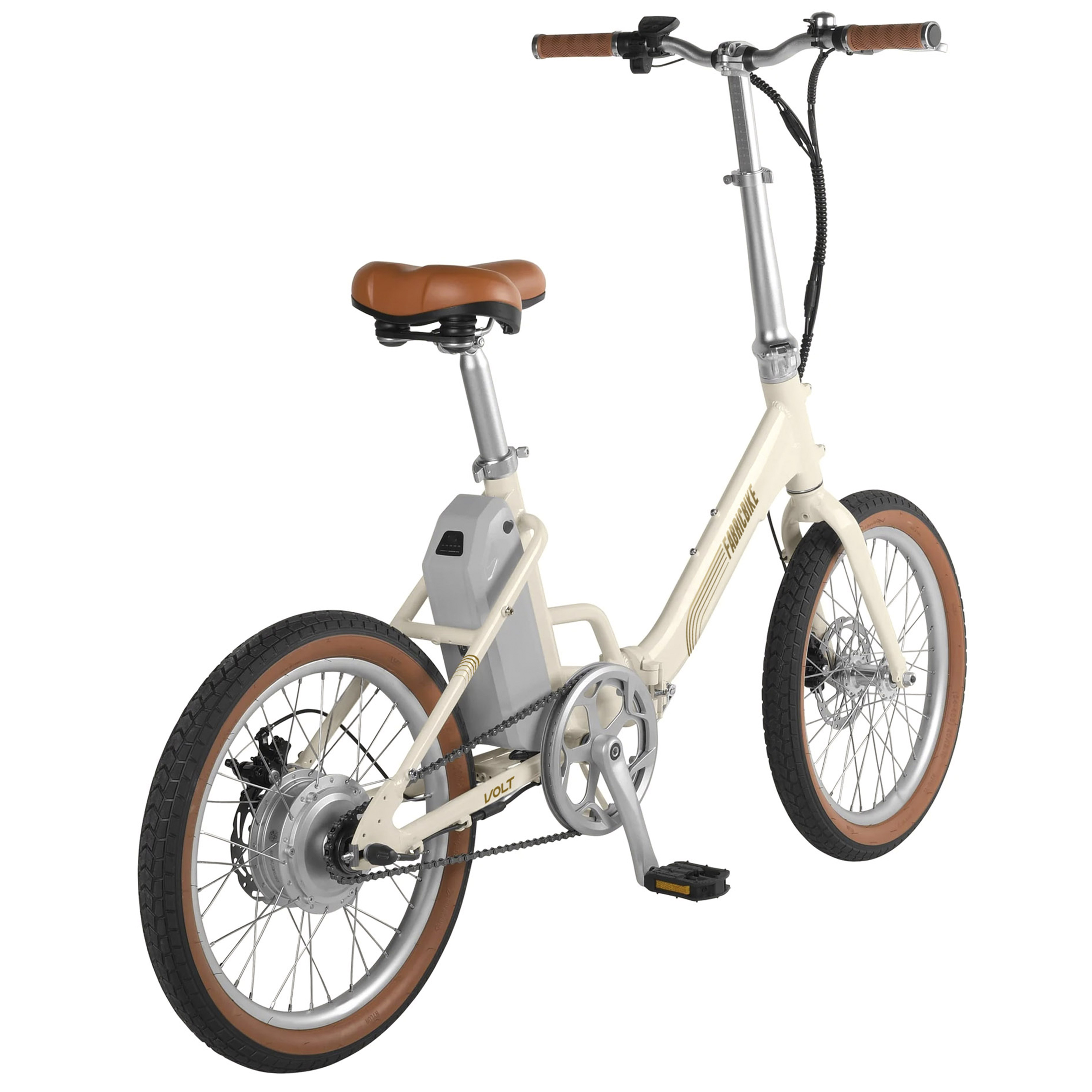 Una bicicleta plegable color crema con puños, sillín y neumáticos marrones.