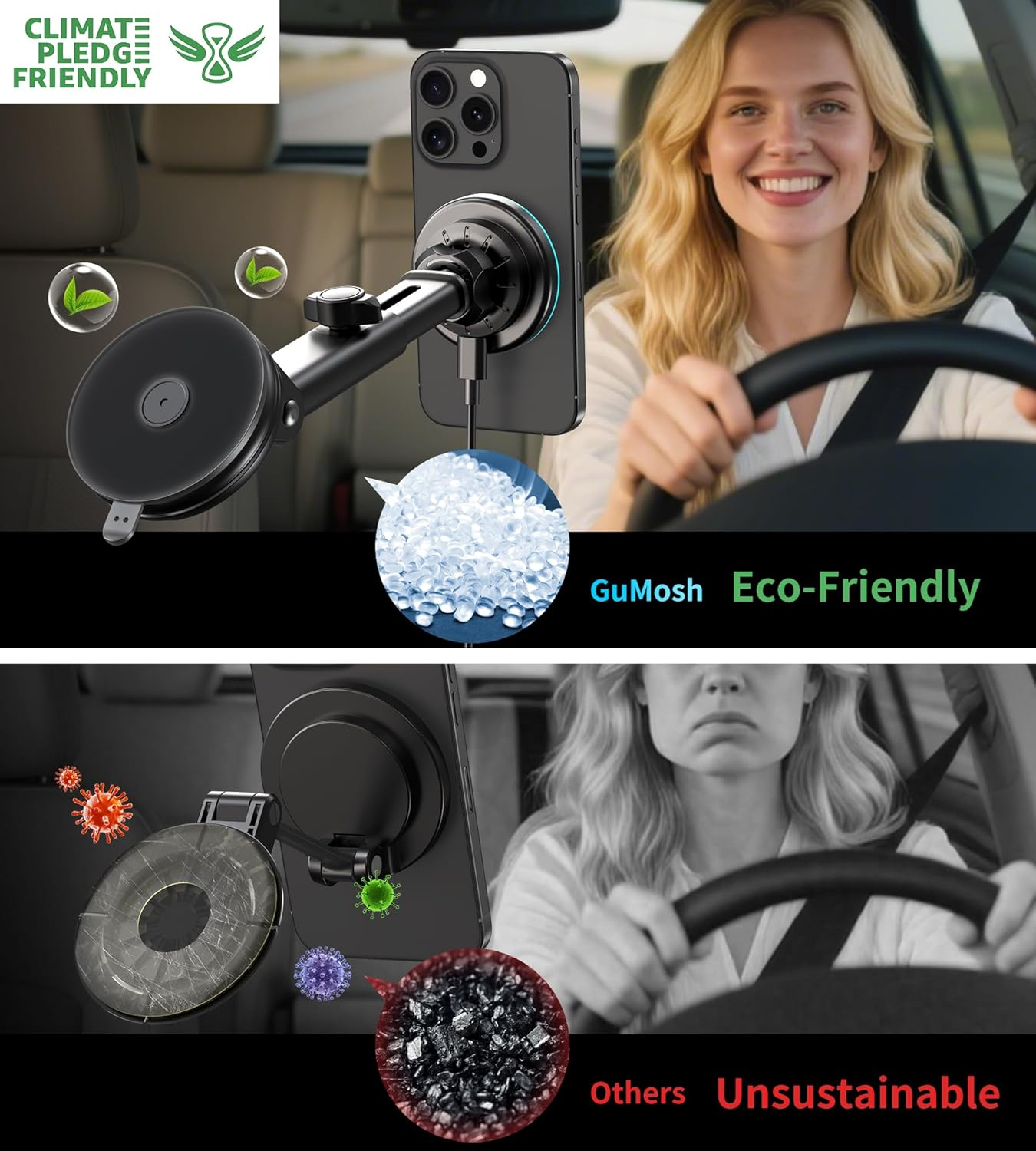 Auto-Handyhalterung, die umweltfreundlich ist, mit Blättern und Kügelchen.
