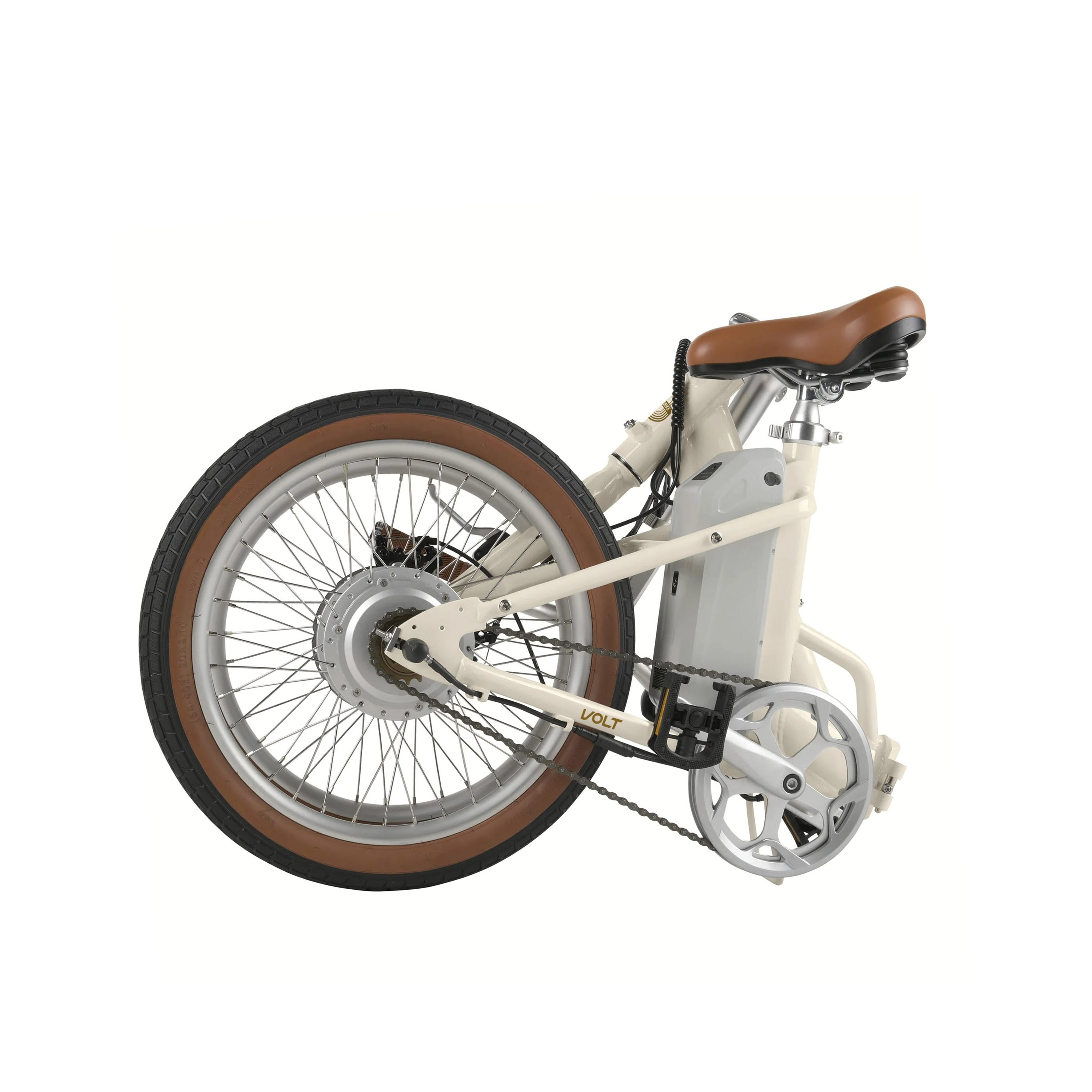Una bicicleta eléctrica plegable color crema con sillín y neumáticos marrones.