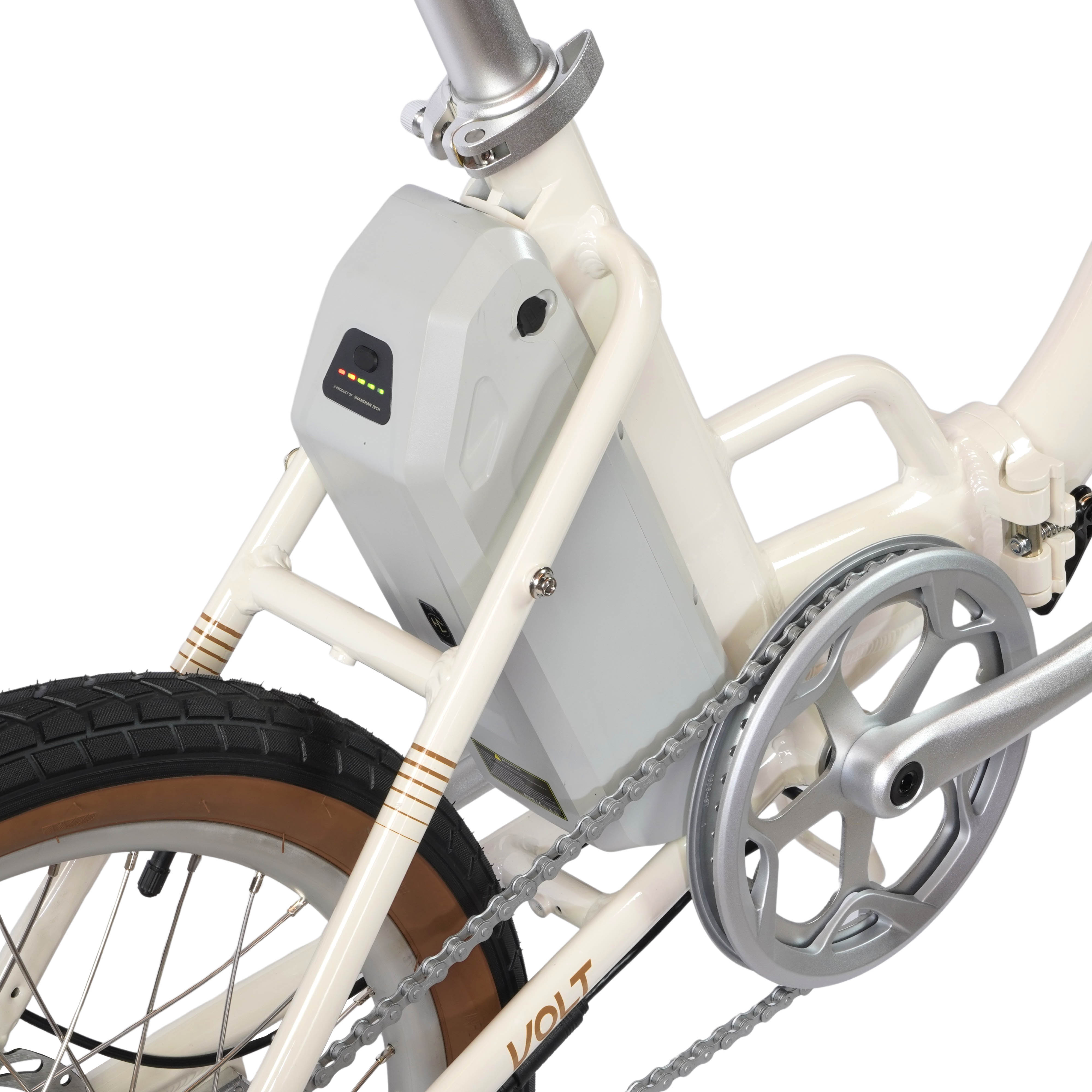 Marco de e-bike color crema con batería, cadena, engranajes y rueda.