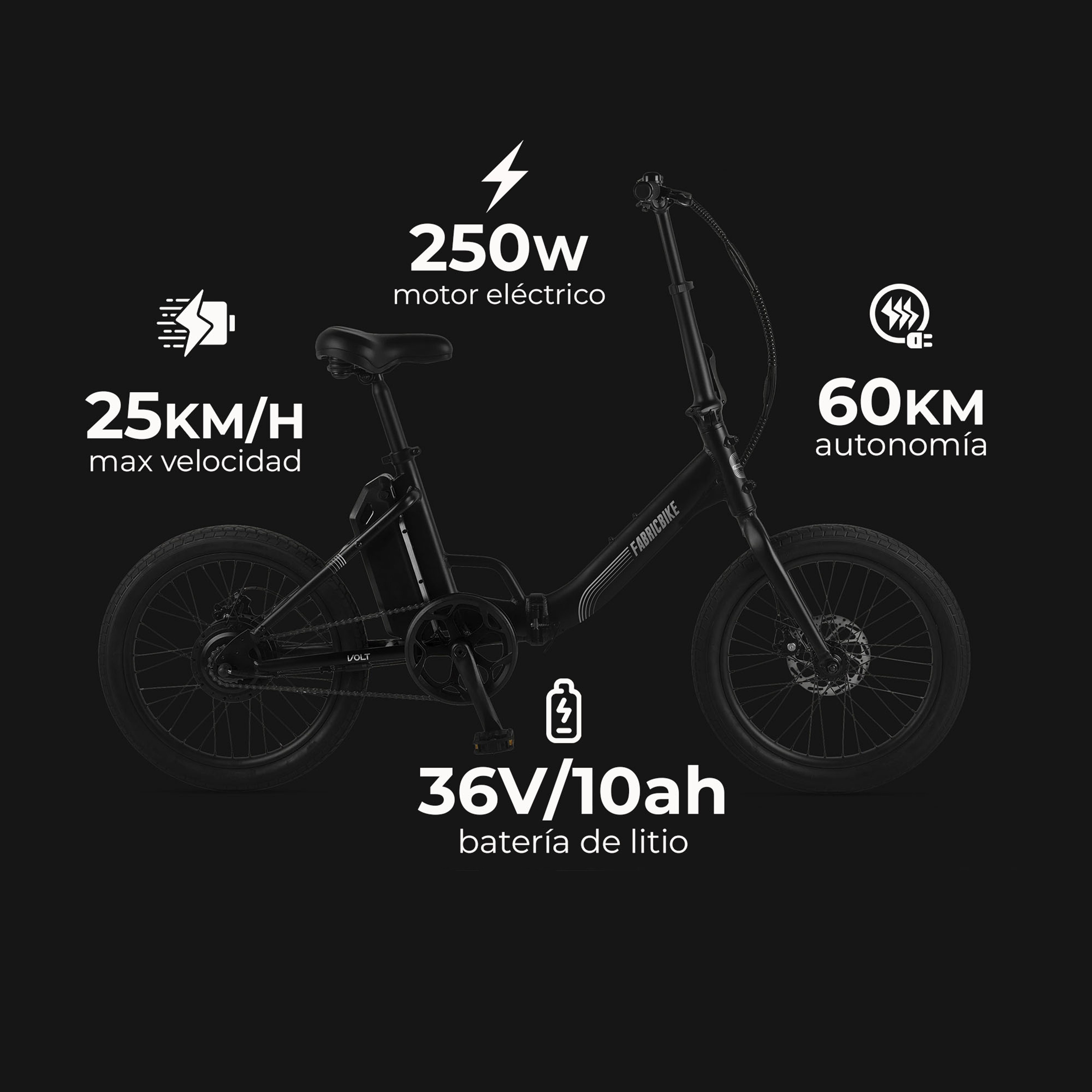 Bicicleta eléctrica negra con motor 250W, 25km/h max, 60km autonomía.
