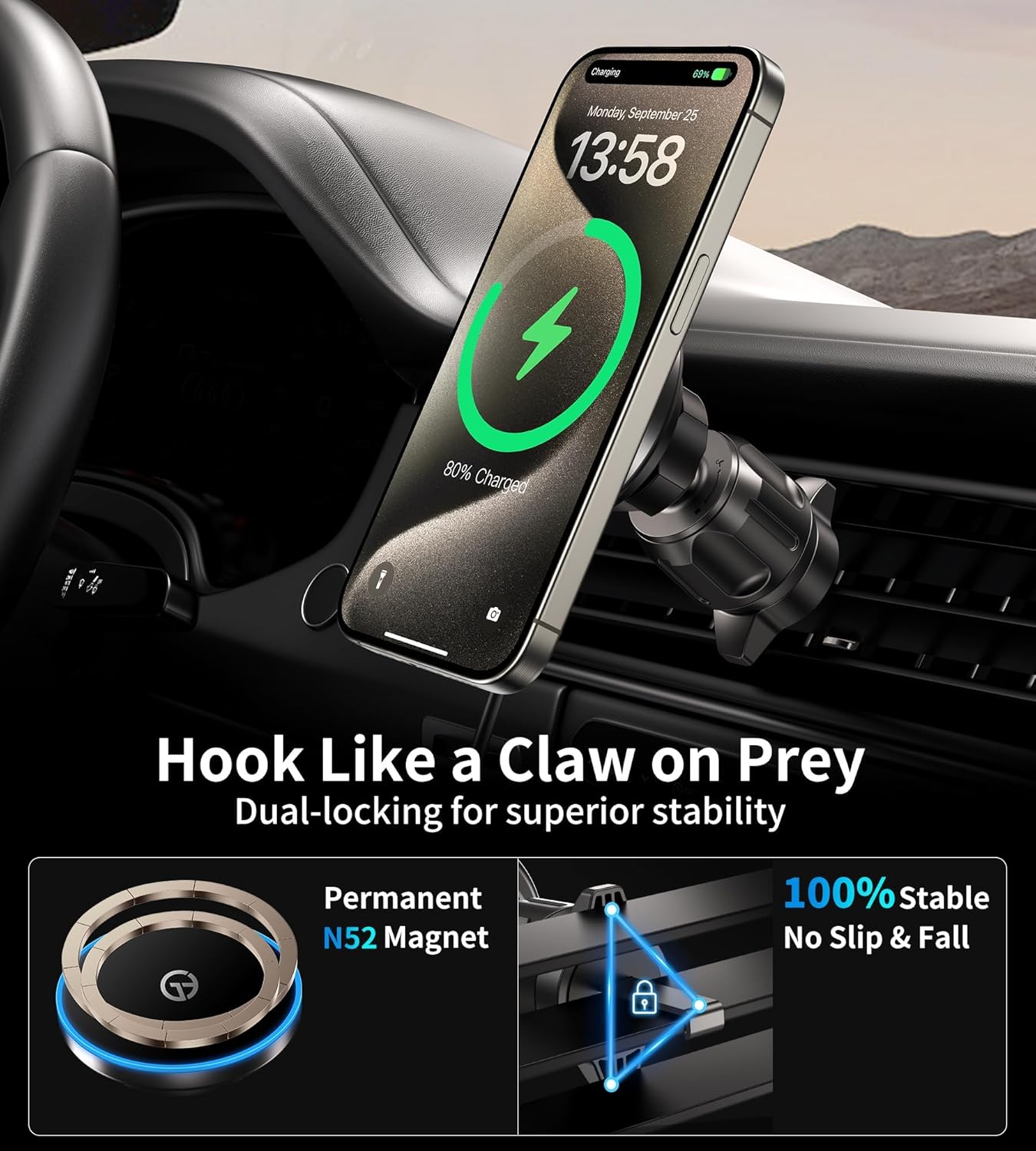 Ein Handy wird von einem Autohalter an einem Lüftungsgitter gehalten.