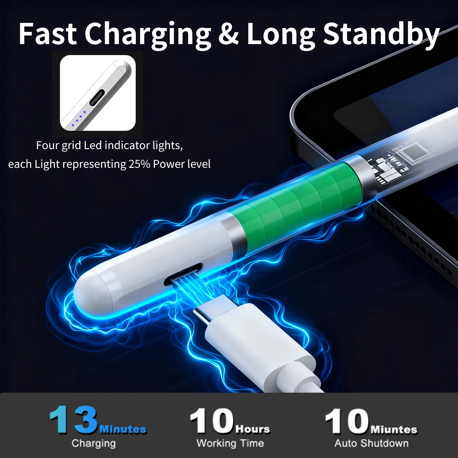 Ein Stift mit Ladeanzeige und USB-C-Kabel wird an ein Tablet angeschlossen.