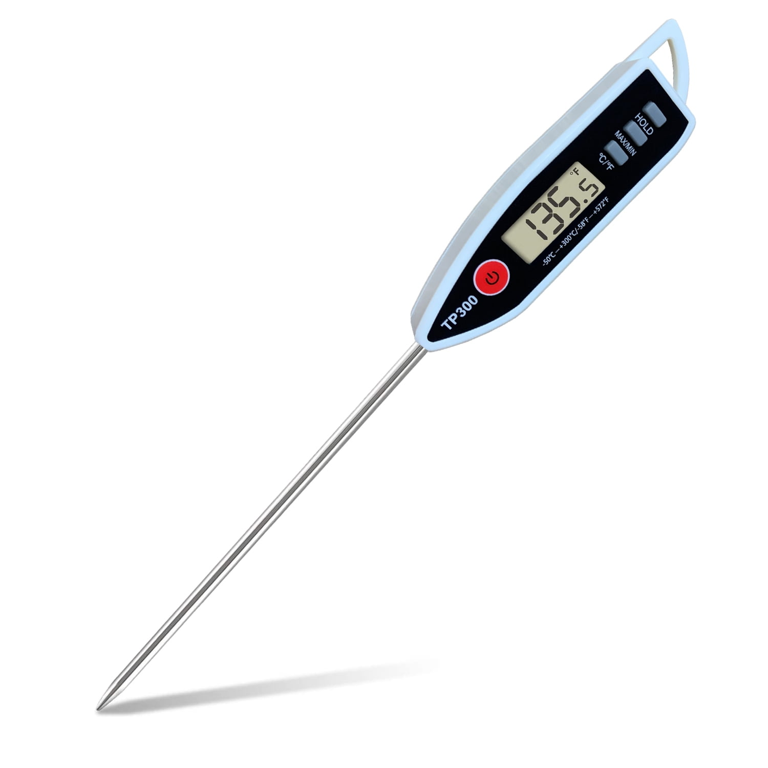 Ein digitales Lebensmittelthermometer mit silberner Sonde und weißem Griff, zeigt 135,5°F an.