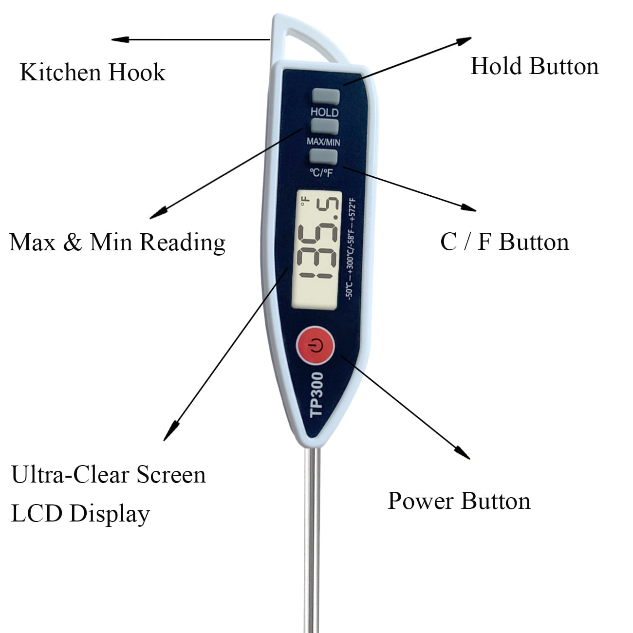 Digitales Fleischthermometer mit LCD-Anzeige, Griff und Haken.