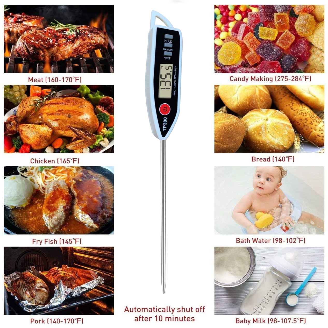 Ein digitales Thermometer mit Nahaufnahmen von Lebensmitteln und Flüssigkeiten.