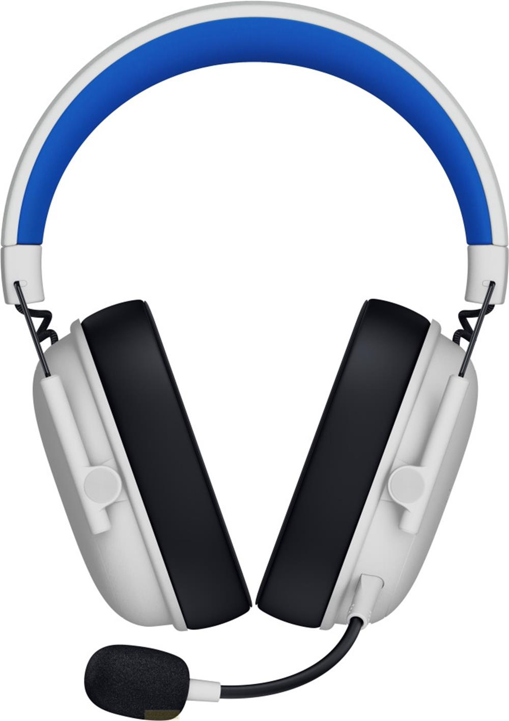 Weißes Headset mit blauem Bügel, schwarzen Ohrmuscheln und Mikrofon.