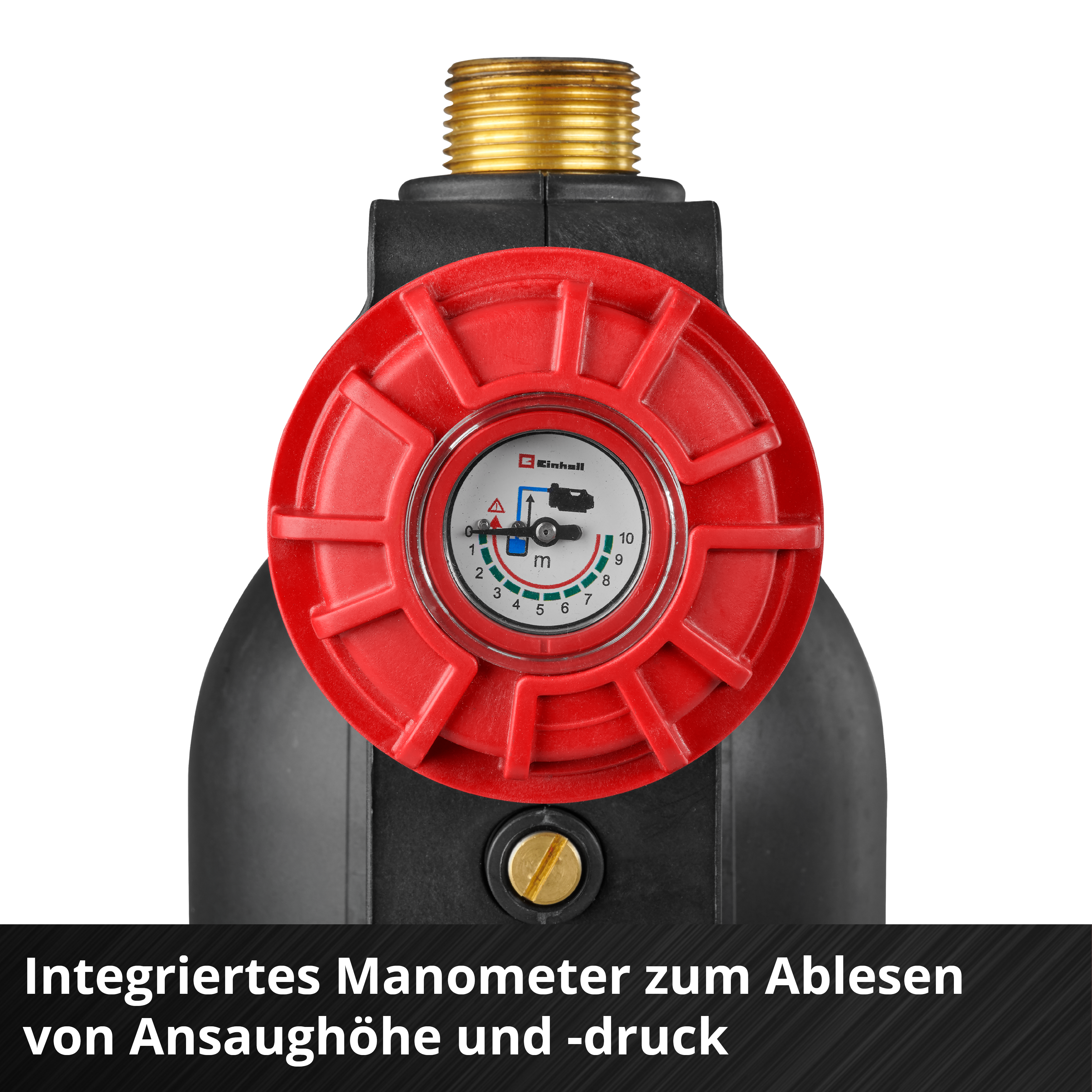 Schwarzer Pumpenkopf mit rotem Manometer, das Saughöhe und -druck anzeigt.