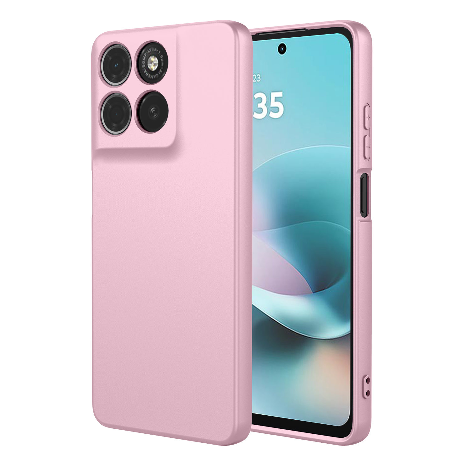 Roze telefoonhoes met vier cameralenzen en scherm.