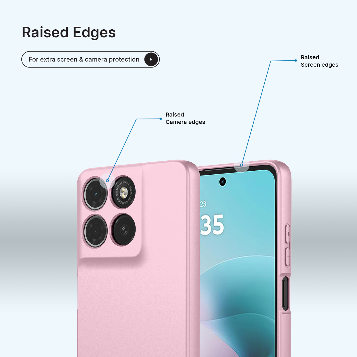 Een roze smartphone met verhoogde randen voor camera- en schermbescherming.