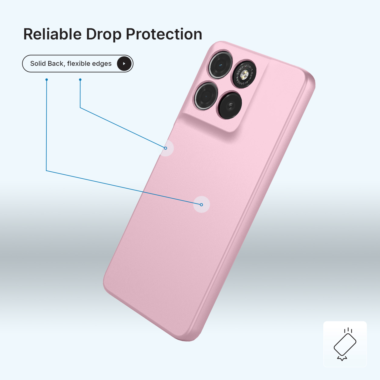 Een roze telefoonhoes met cameramodule wordt getoond.