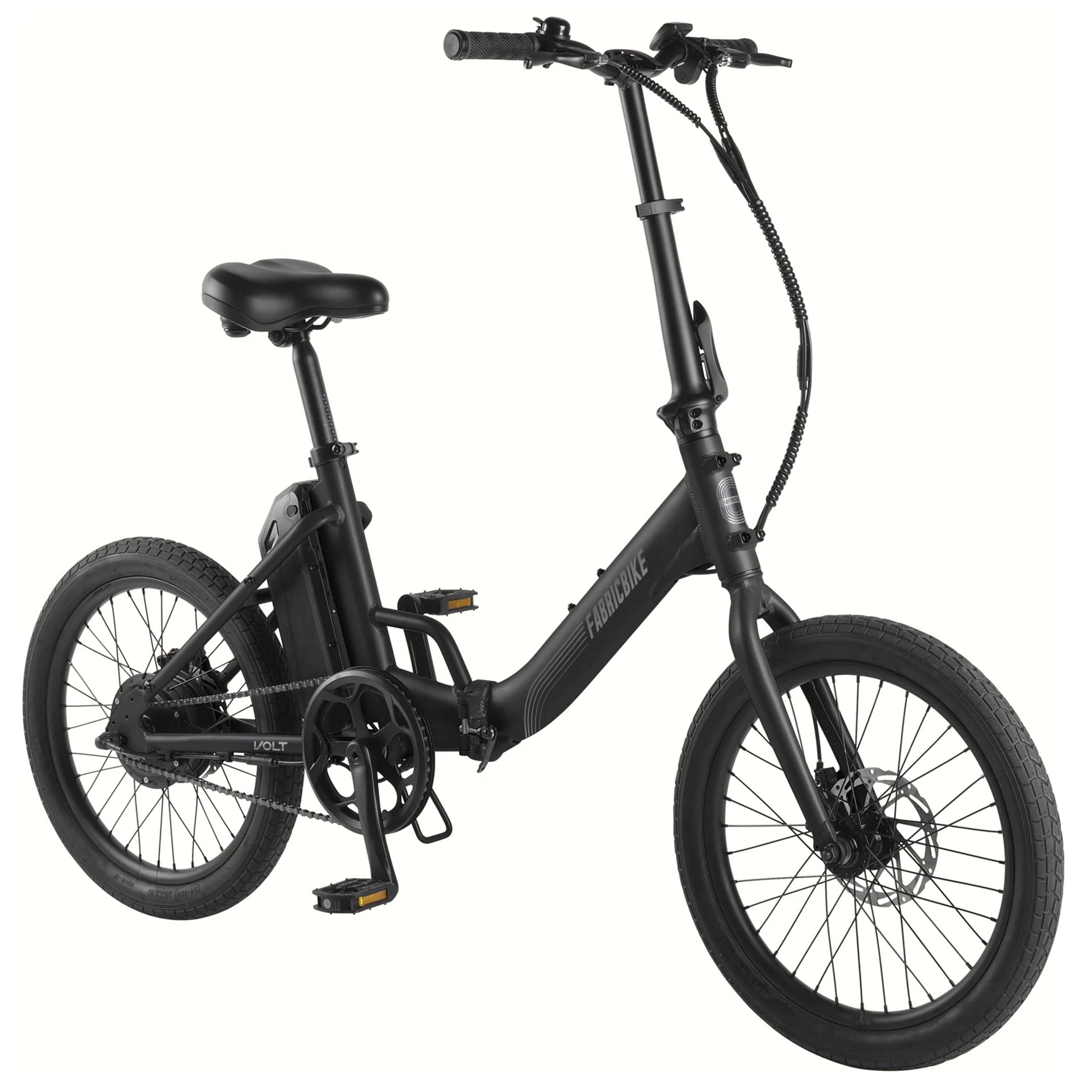 Una bicicleta eléctrica plegable negra con marco y ruedas gruesas.