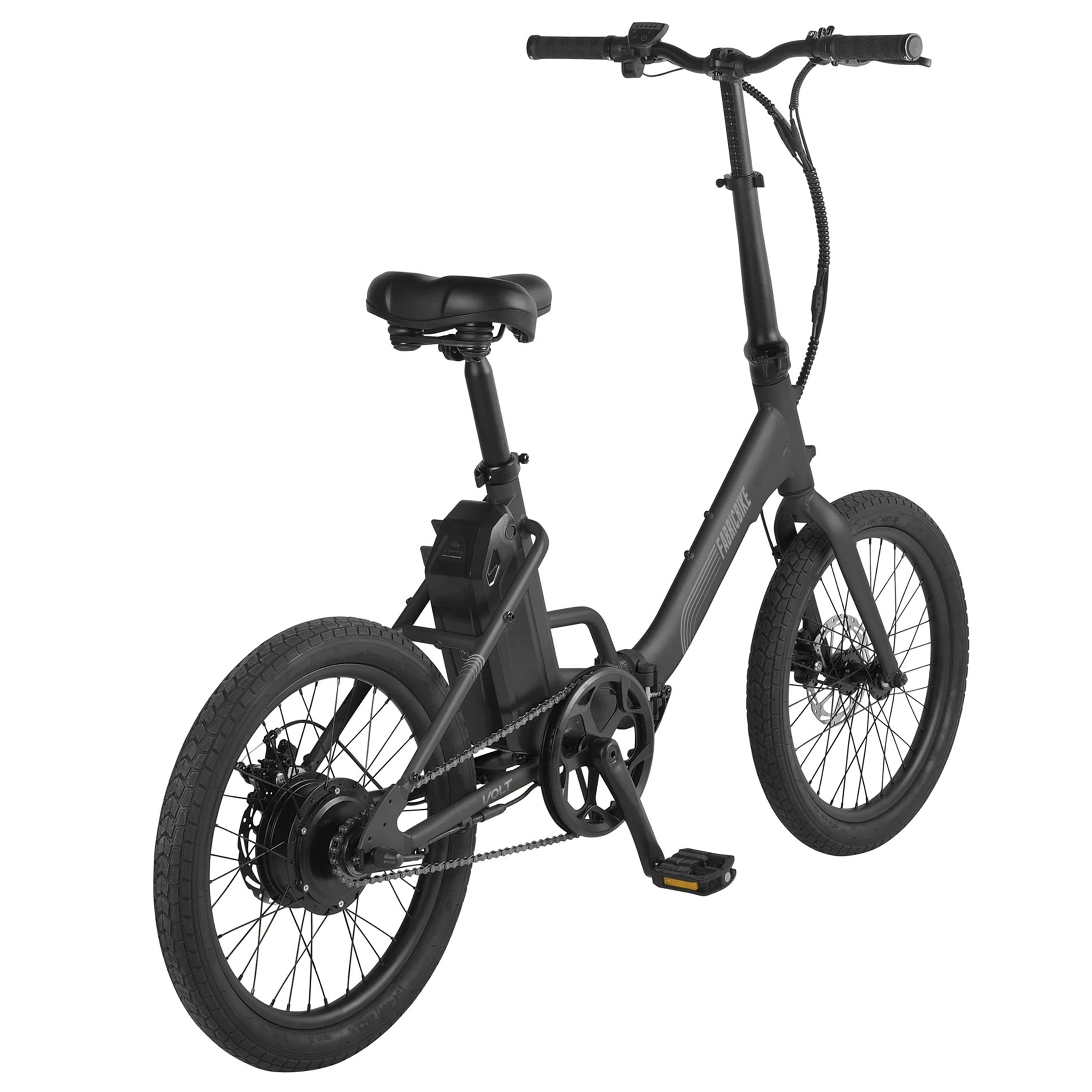 Una bicicleta eléctrica negra con ruedas pequeñas, asiento y manillar.