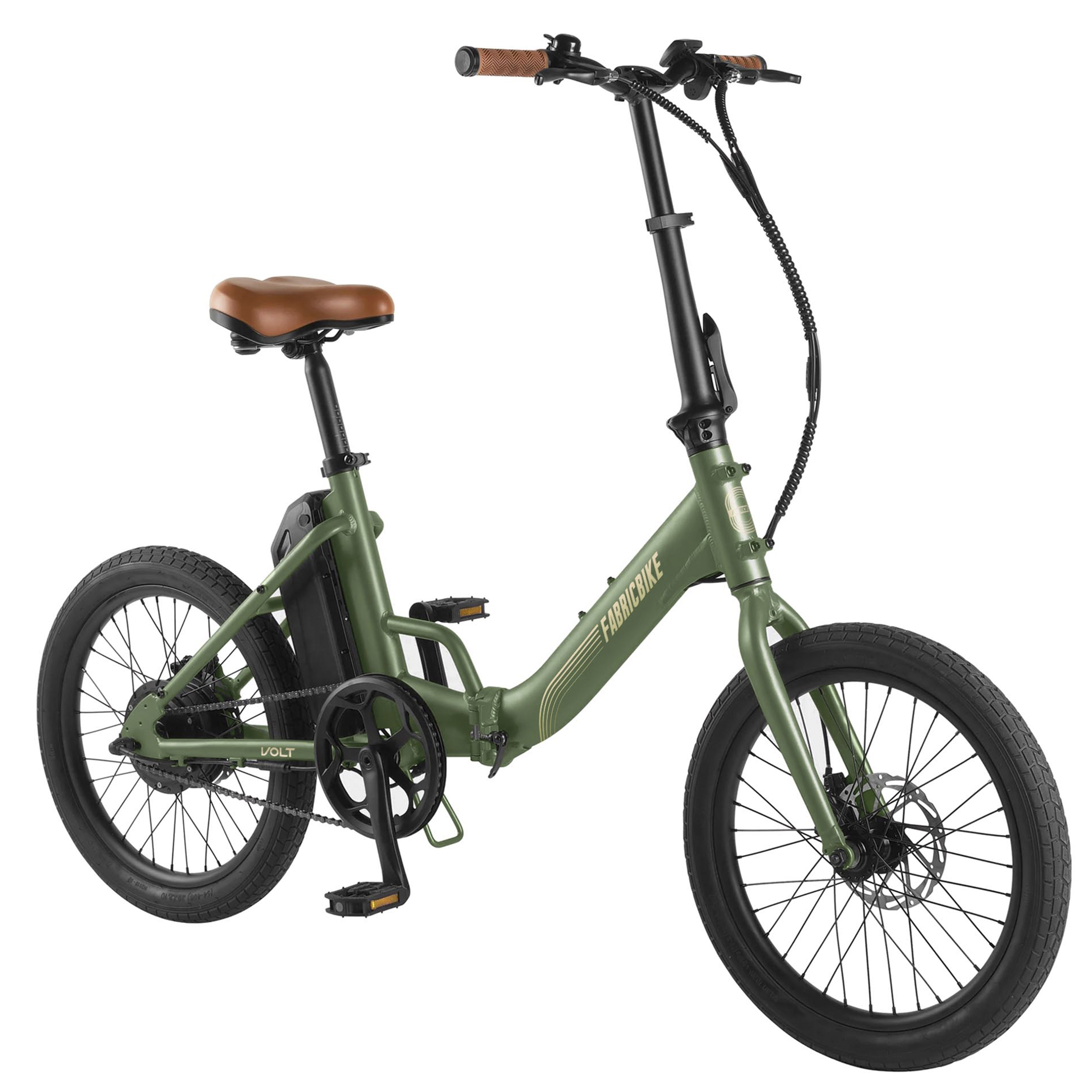 Una bicicleta plegable verde con sillín y puños marrones, neumáticos y ruedas negras.