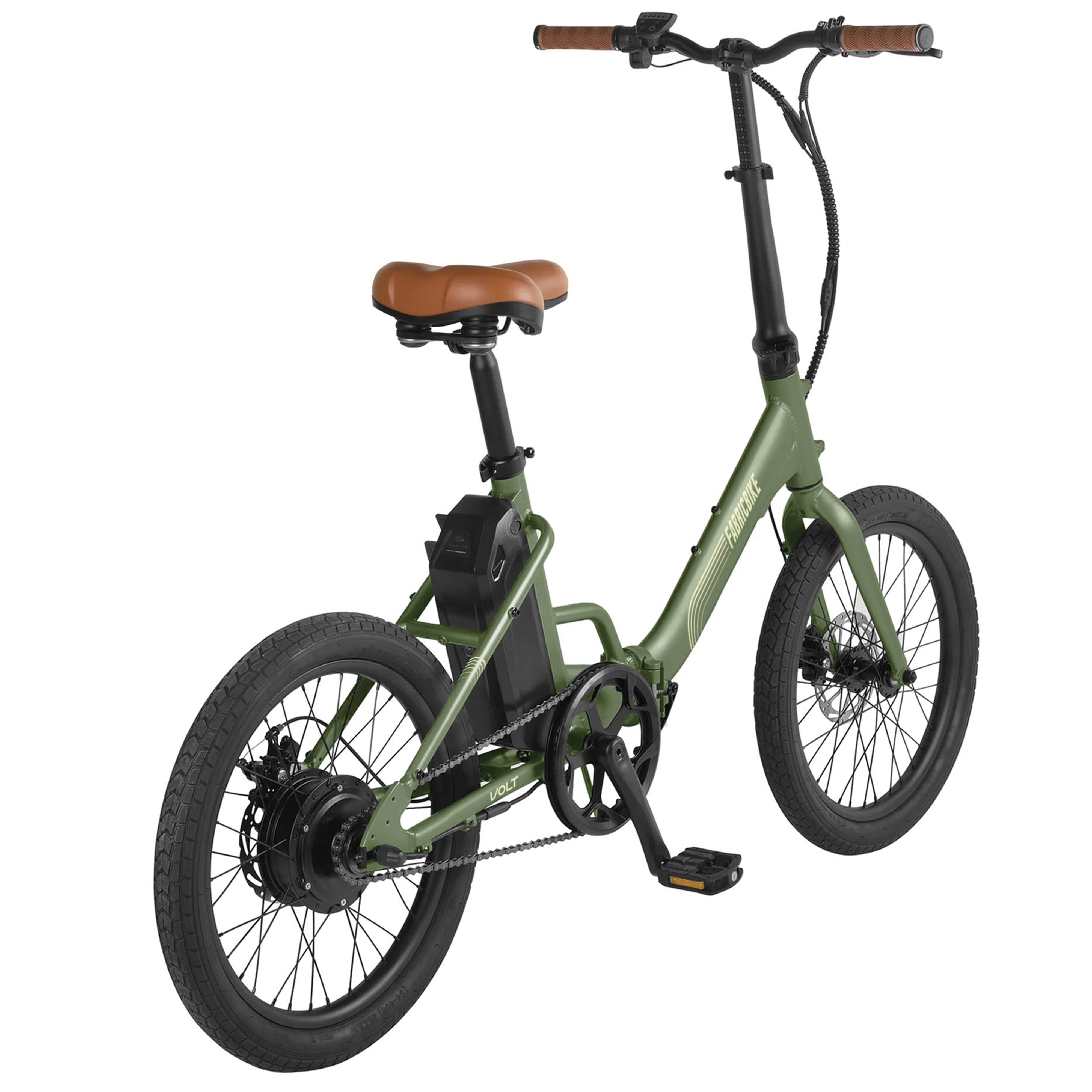Bicicleta eléctrica verde con sillín y puños marrones, ruedas negras.