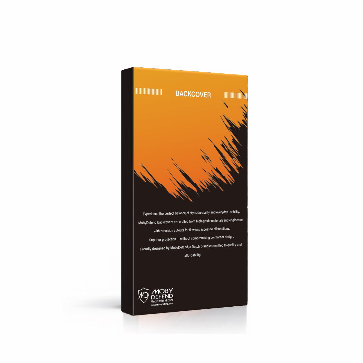 Emballage MobyDefend Backcover avec dégradé orange et texte.