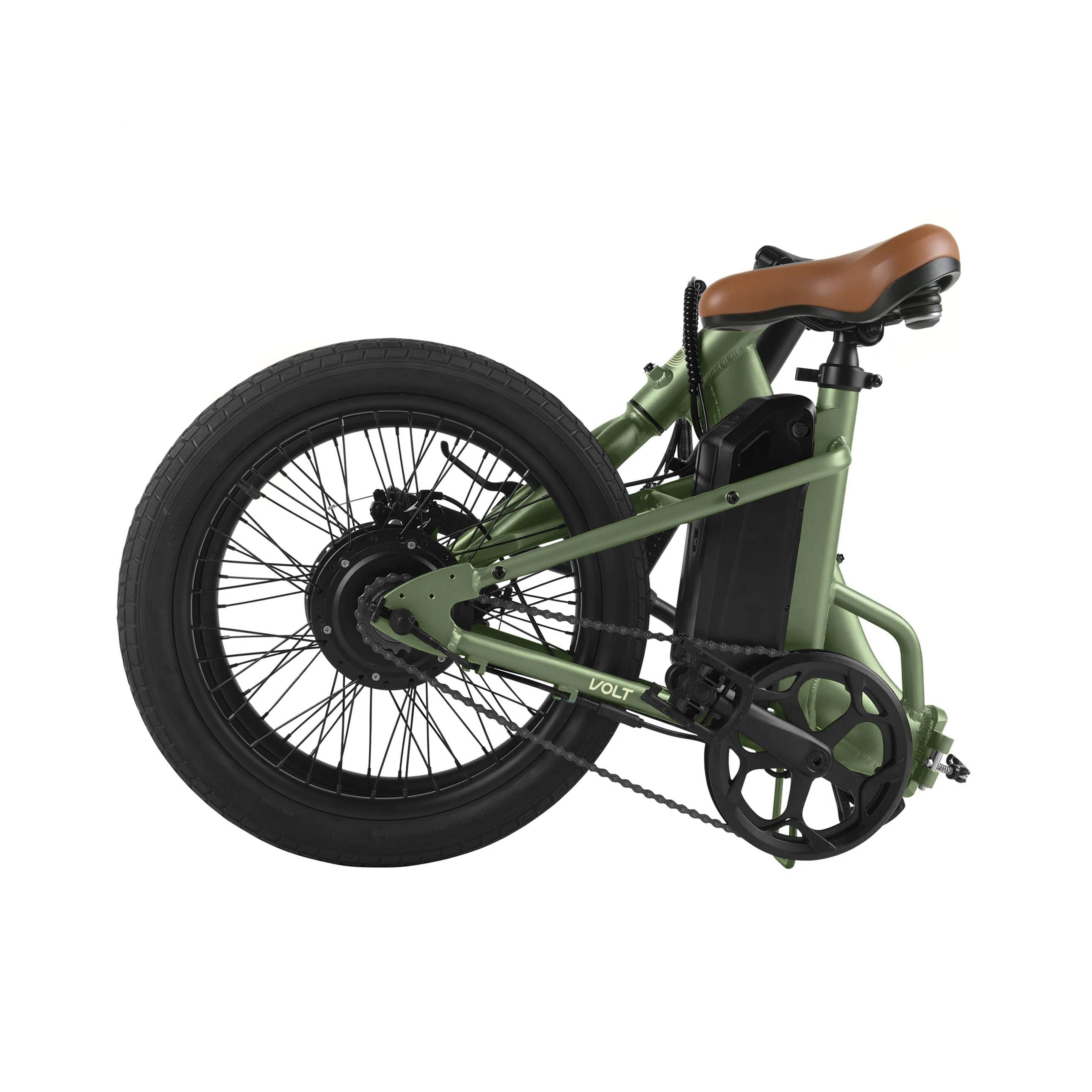 Bicicleta eléctrica plegable verde con sillín marrón, fondo blanco.