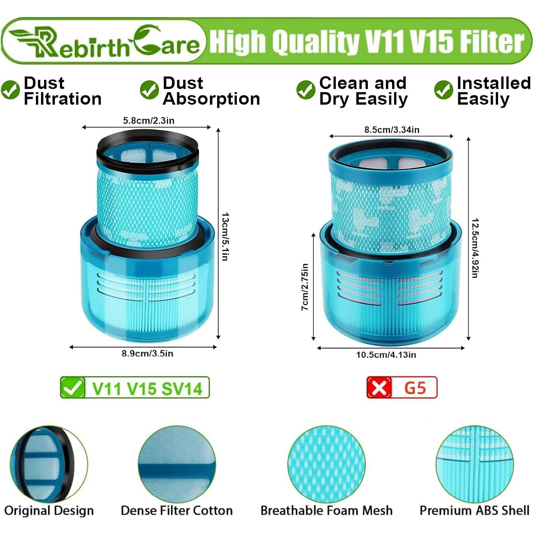 Zwei blaue Staubsaugerfilter mit Maßen. Merkmale: Staubfiltration, Absorption, Reinigung.